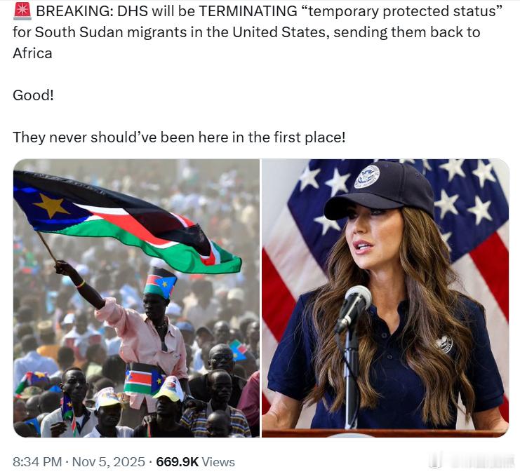 美国国土安全部将终止对南苏丹移民的“临时保护身份”，并将他们遣返回非洲。 ​​​