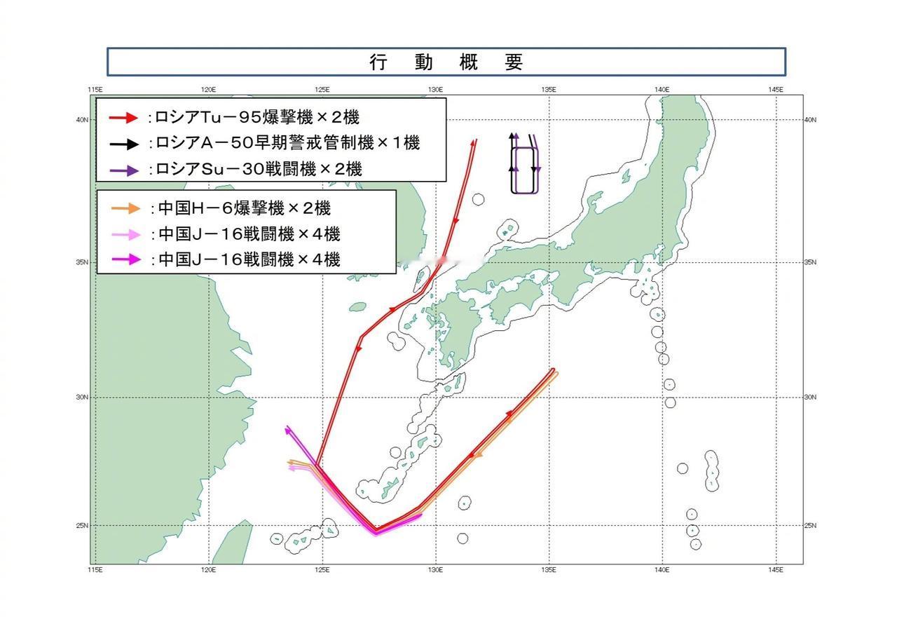 日本防卫省公布了此次中俄联合巡航的航迹图。看来从东海到出第一岛链这段都是由中方的