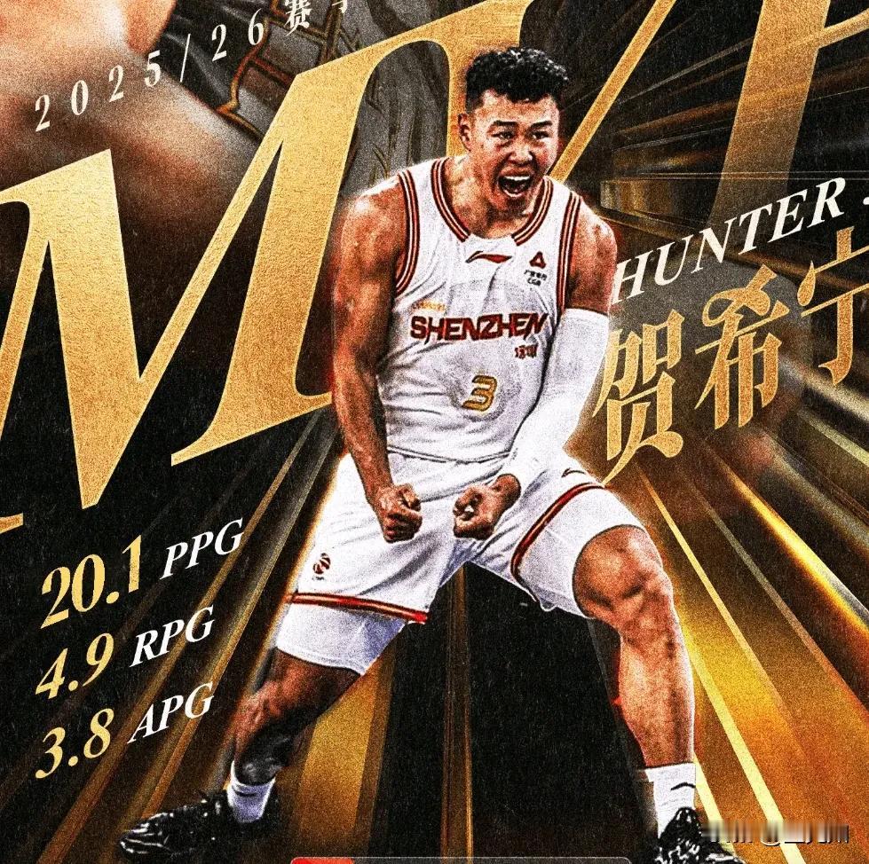实至名归，贺希宁获得本赛季CBA常规赛MVP，场均数据是20.1分4.9篮板3.