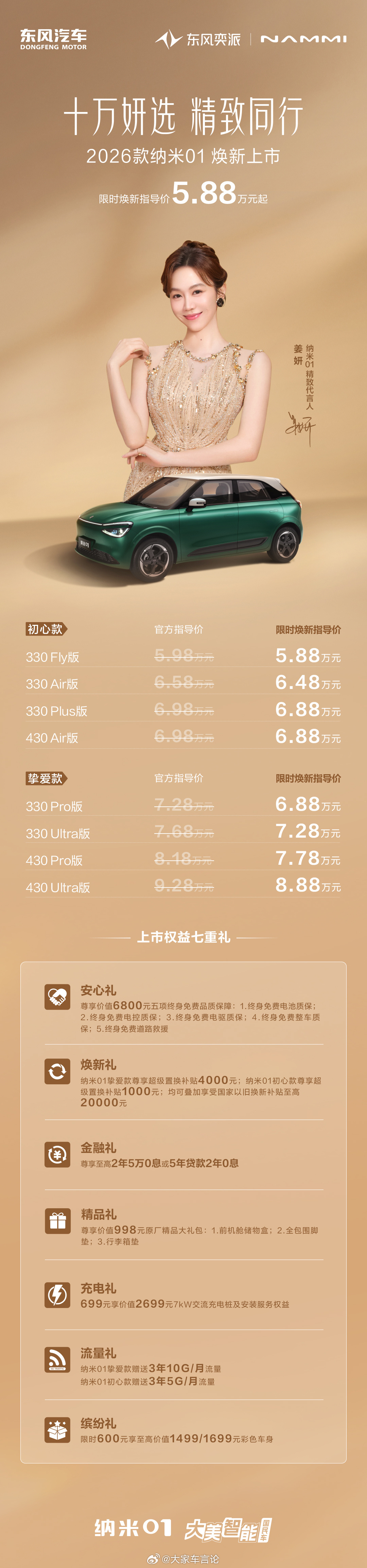 26款东风奕派纳米01 限时焕新登场 5.88w起售，并为用户准备了安心礼、金融
