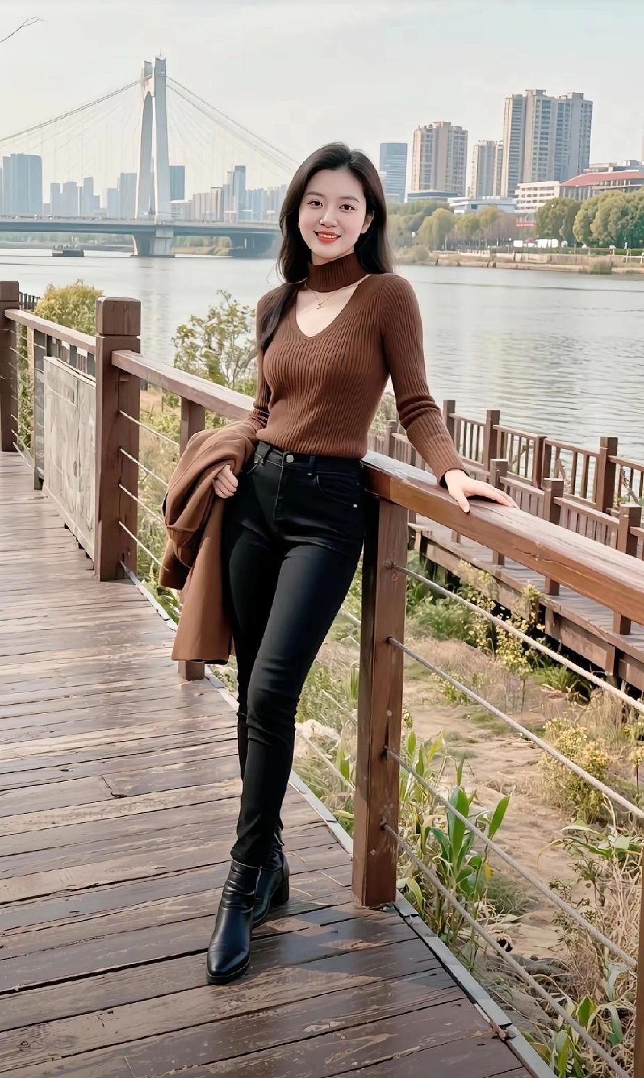 桥上佳人倚栏杆，笑看江水东流。