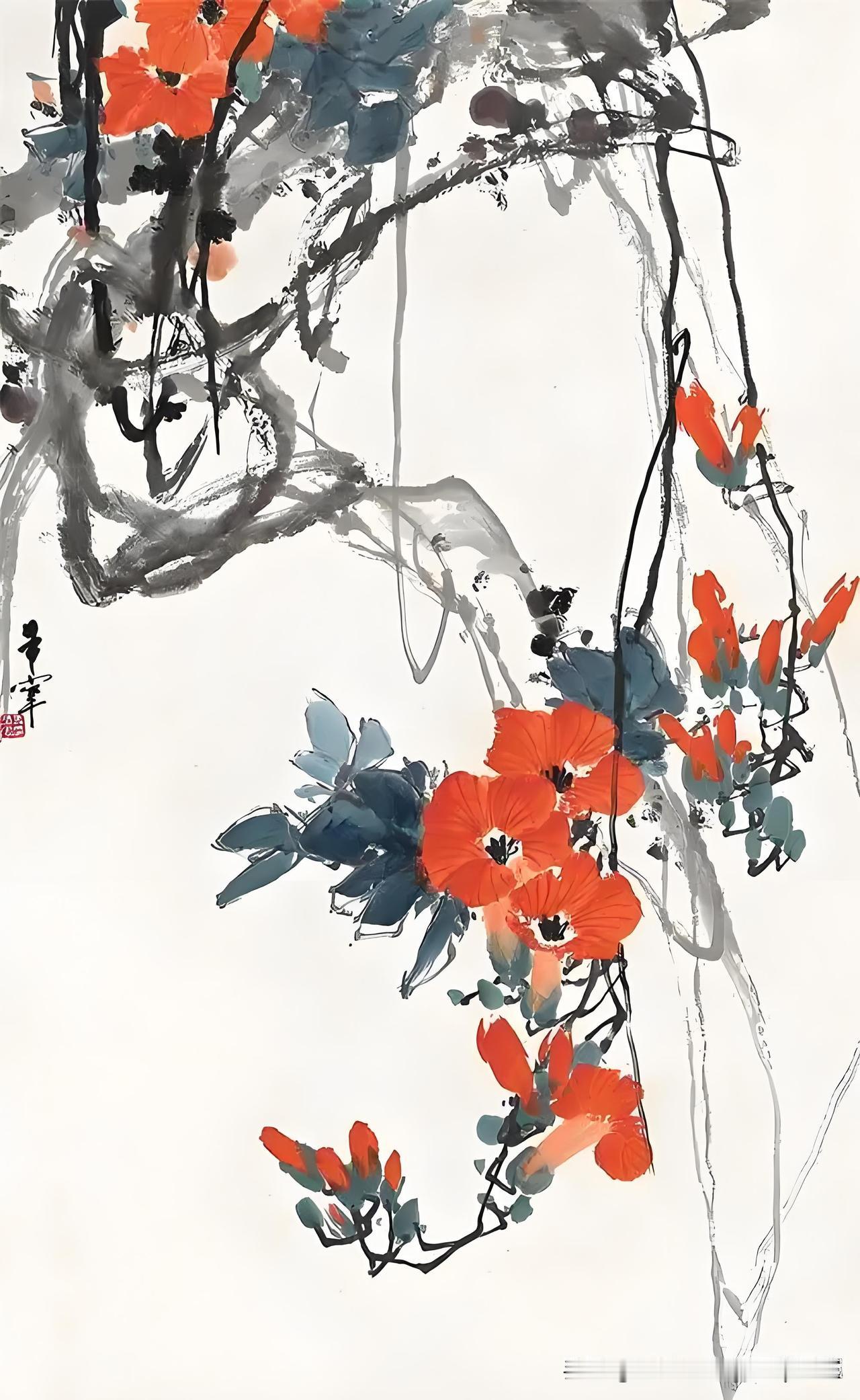 《 凌霄花》
——唐·欧阳炯
凌霄多半绕棕榈，
深染栀黄色不如。
满对微风吹细叶