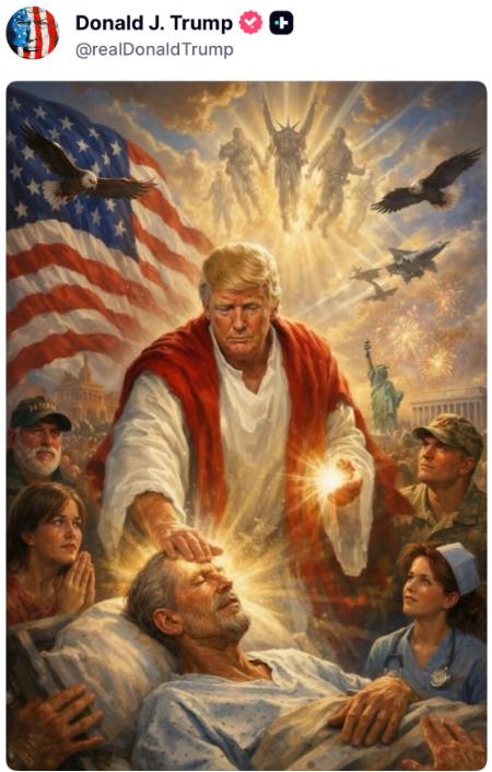 特朗普北京时间4月13日在社交媒体上发布图片，将自己描绘为耶稣基督。

说白了，