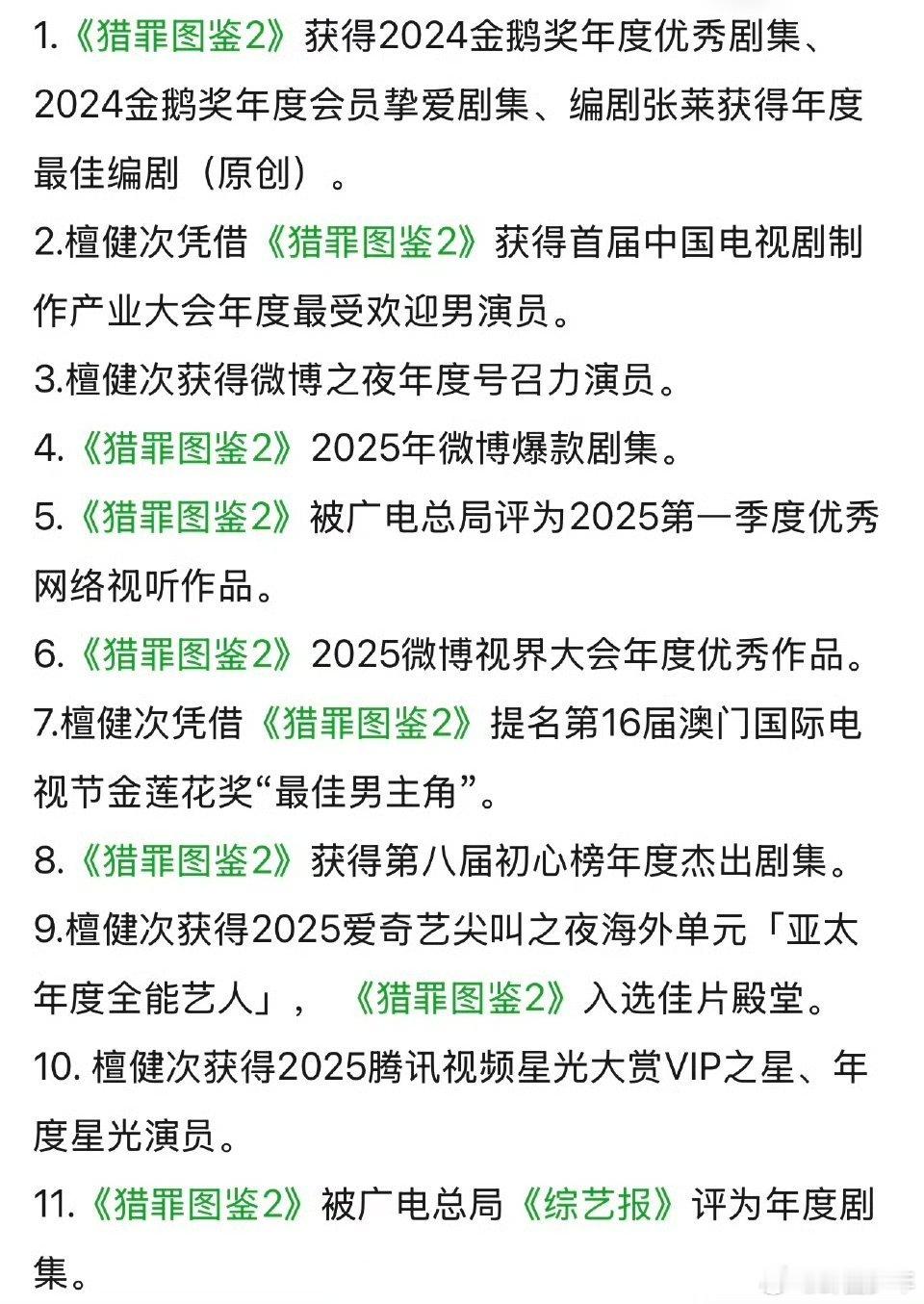 檀健次猎罪图鉴2剧集个人获奖记录从年度优秀剧集到最受欢迎男演员，檀健次用沈翊这个