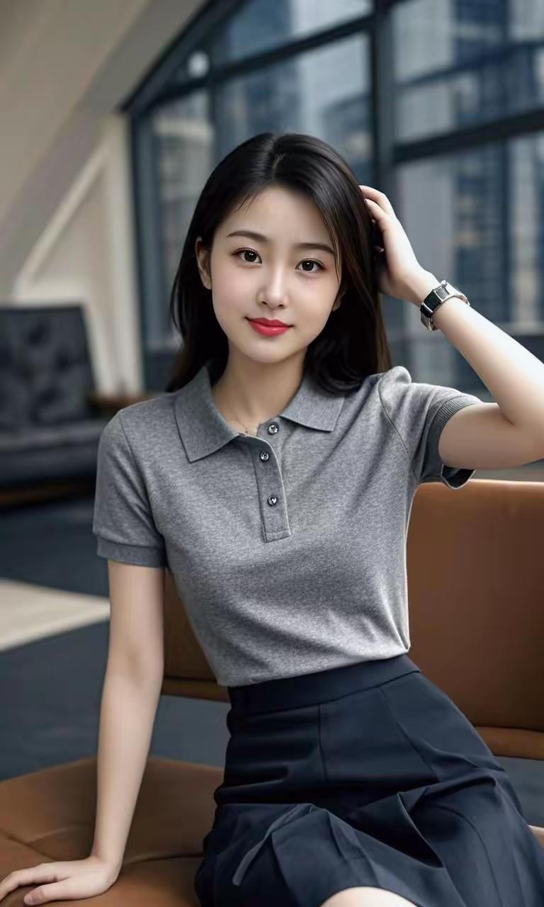都市时尚少女，灰色polo衫搭配黑色短裙，优雅气质满满！👗💄✨