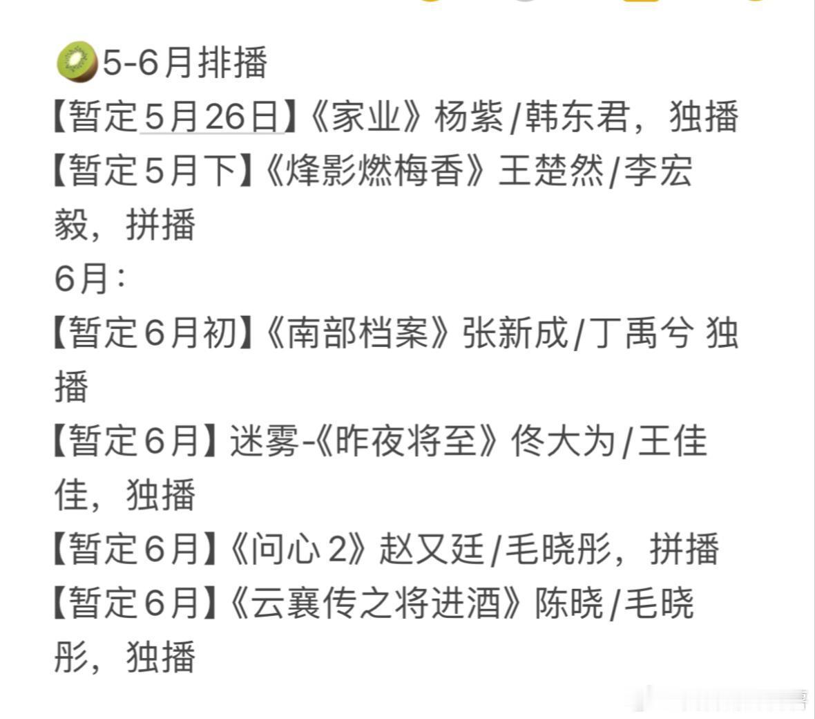 🥝5月6月排播5月：【暂定5月26日】《家业》杨紫/韩东君，独播【暂定5月下】