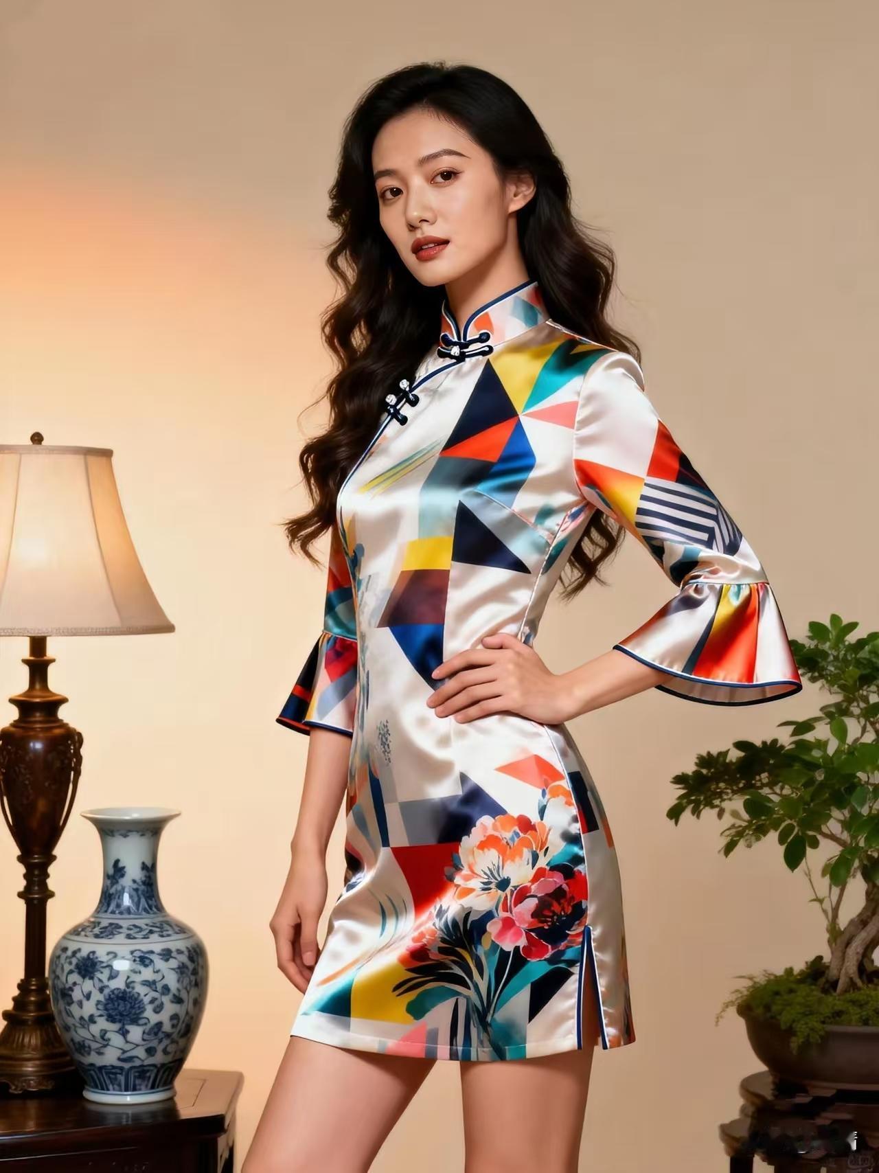 清江引·新中式旗袍
旗袍古典新中妙，
传统东方俏。
盘扣韵悠长，
开衩姿娴姣。