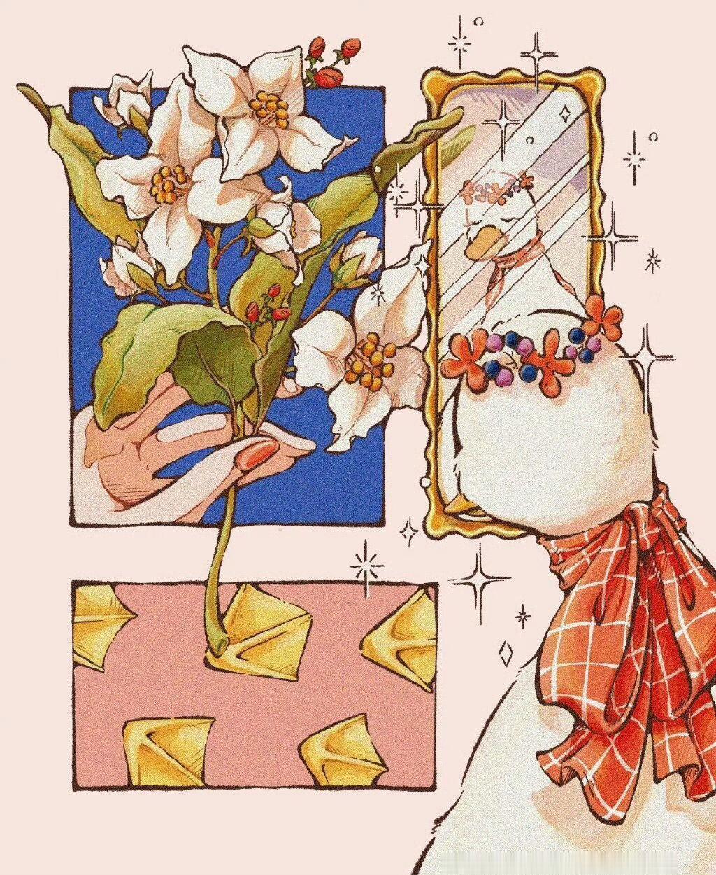 一组复古风插画作品。其画风深受艺术大师穆夏的影响，独特细腻的构图，柔和的复古色调