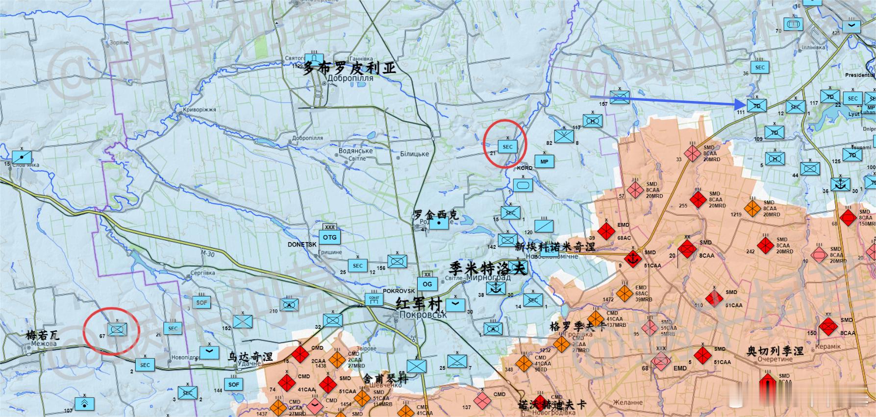红军村的异动如下：乌军第111国土防卫旅移动到T0504补位，第21国民警卫旅从