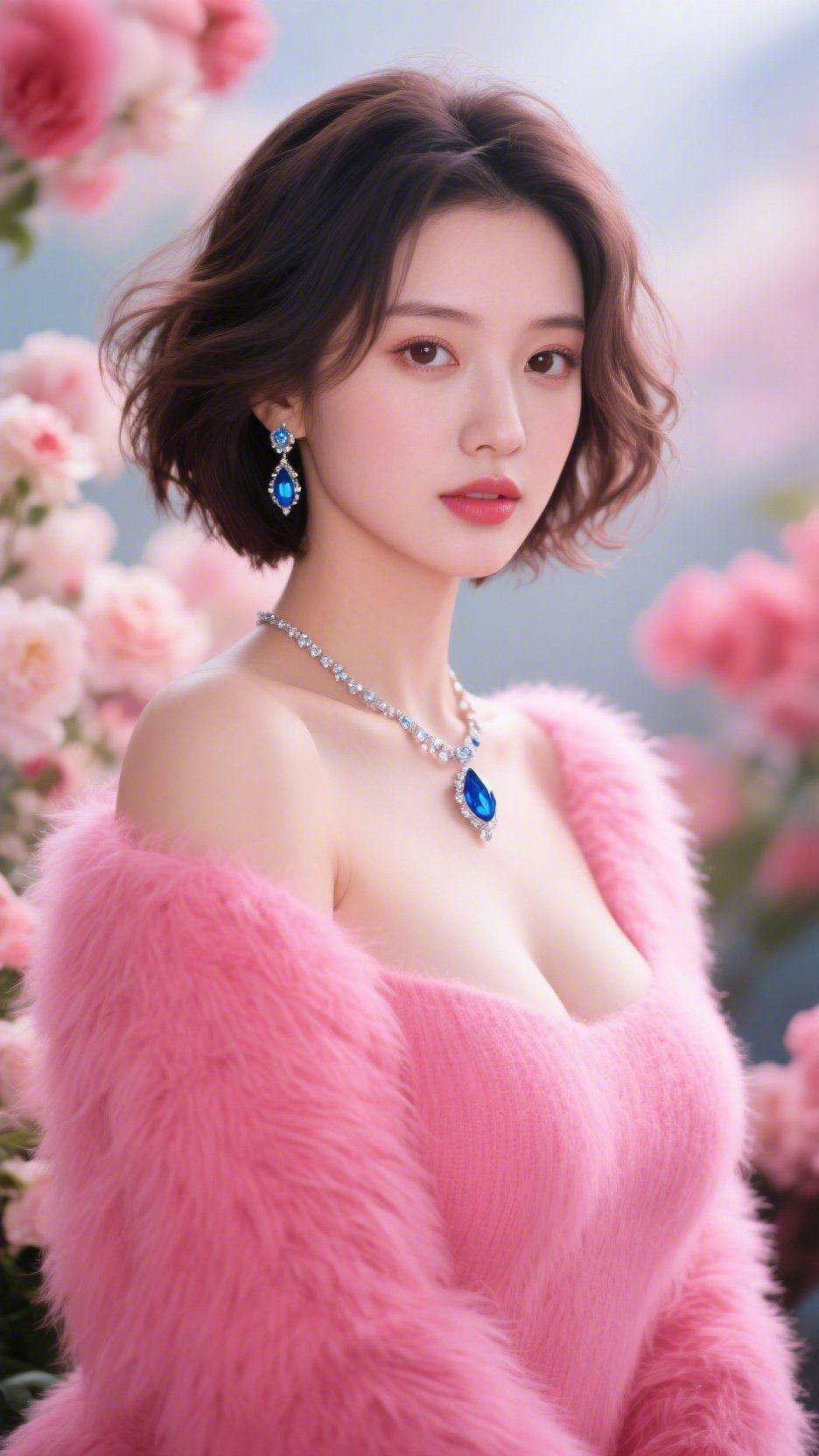 粉绒映花，柔润生光
 
柔粉的花海漫过浅灰的天际，落在粉色毛绒上衣的面料上，绒面