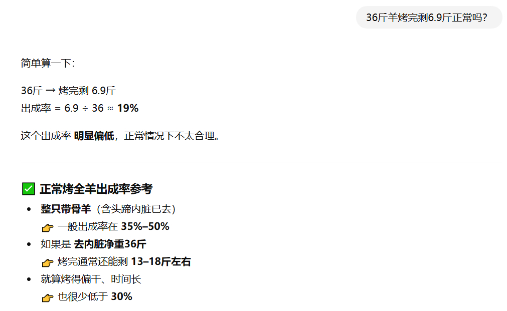 商家称36斤羊烤完剩6.9斤是正常 这正常？把消费者当傻子耍是吧。。除非你这个羊
