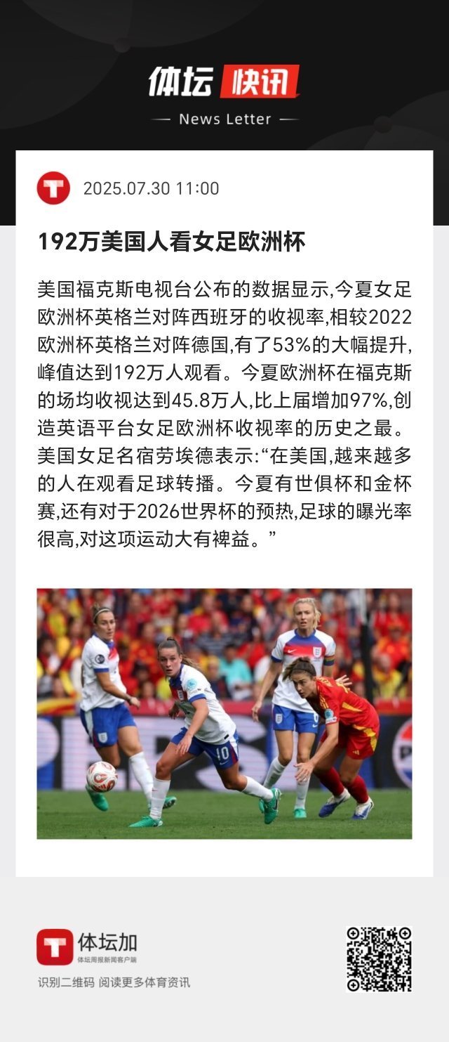 美国女足名宿劳埃德表示：“在美国，越来越多的人在观看足球转播。今夏有世俱杯和金杯