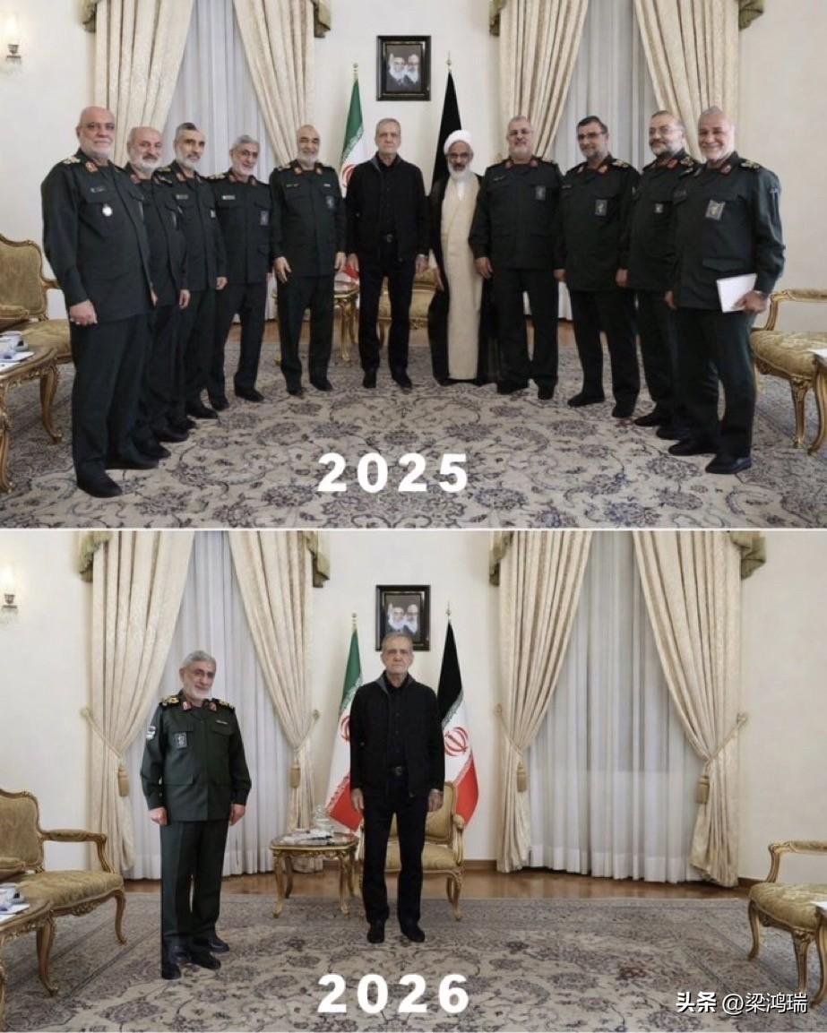 在这张展现战争对伊朗伊斯兰革命卫队影响的照片中，除了总统佩泽什基安之外，只有一名