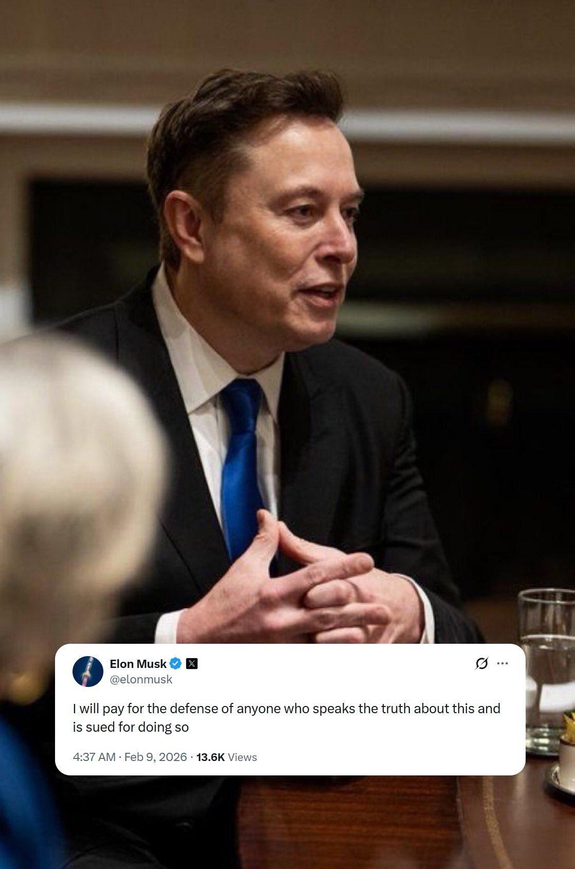 马斯克今日发帖表示，他将为任何说出关于爱泼斯坦真相，并因此被起诉的人支付法律辩护