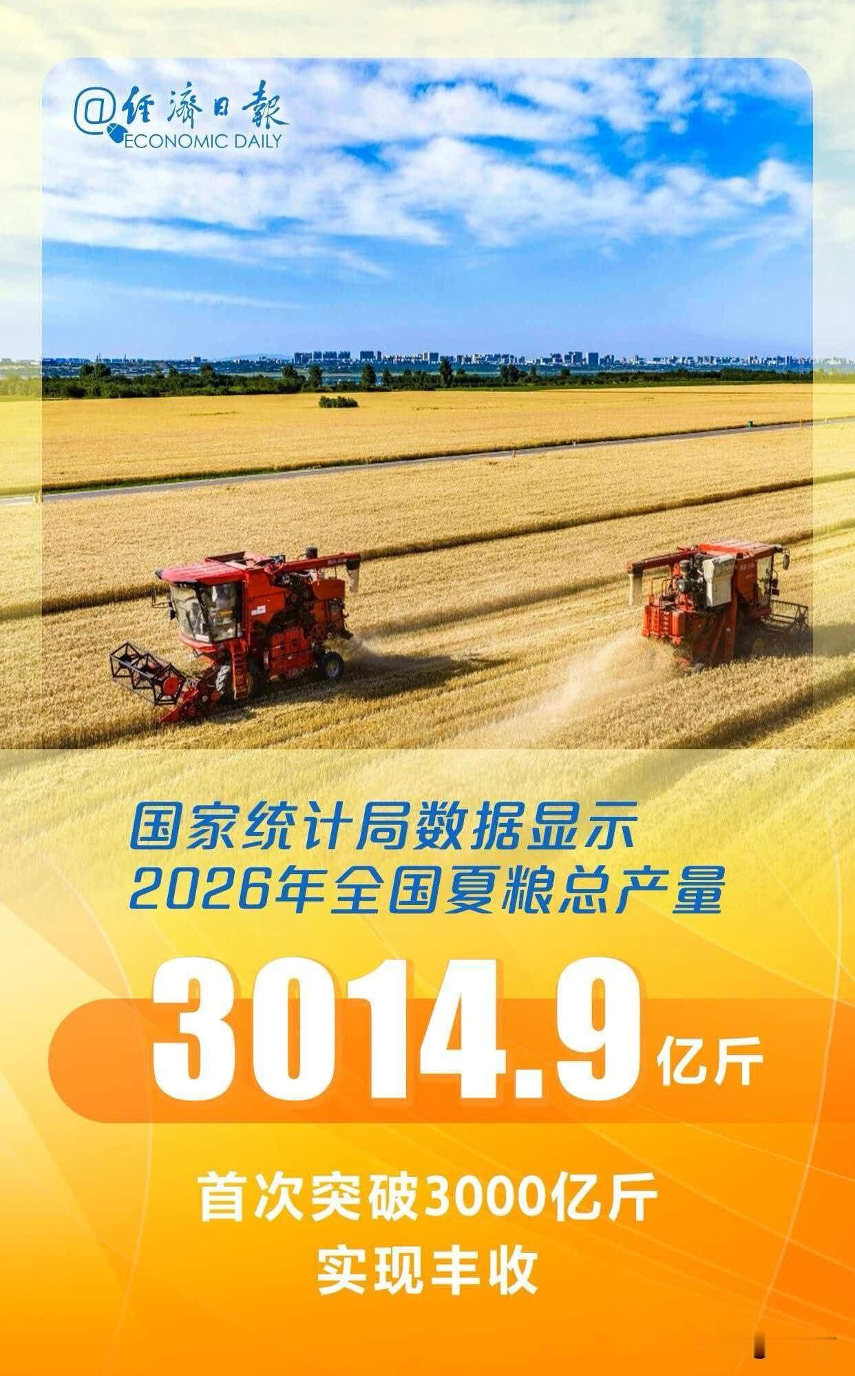 2026年夏粮总产量突破3000亿斤，粮丰心安。