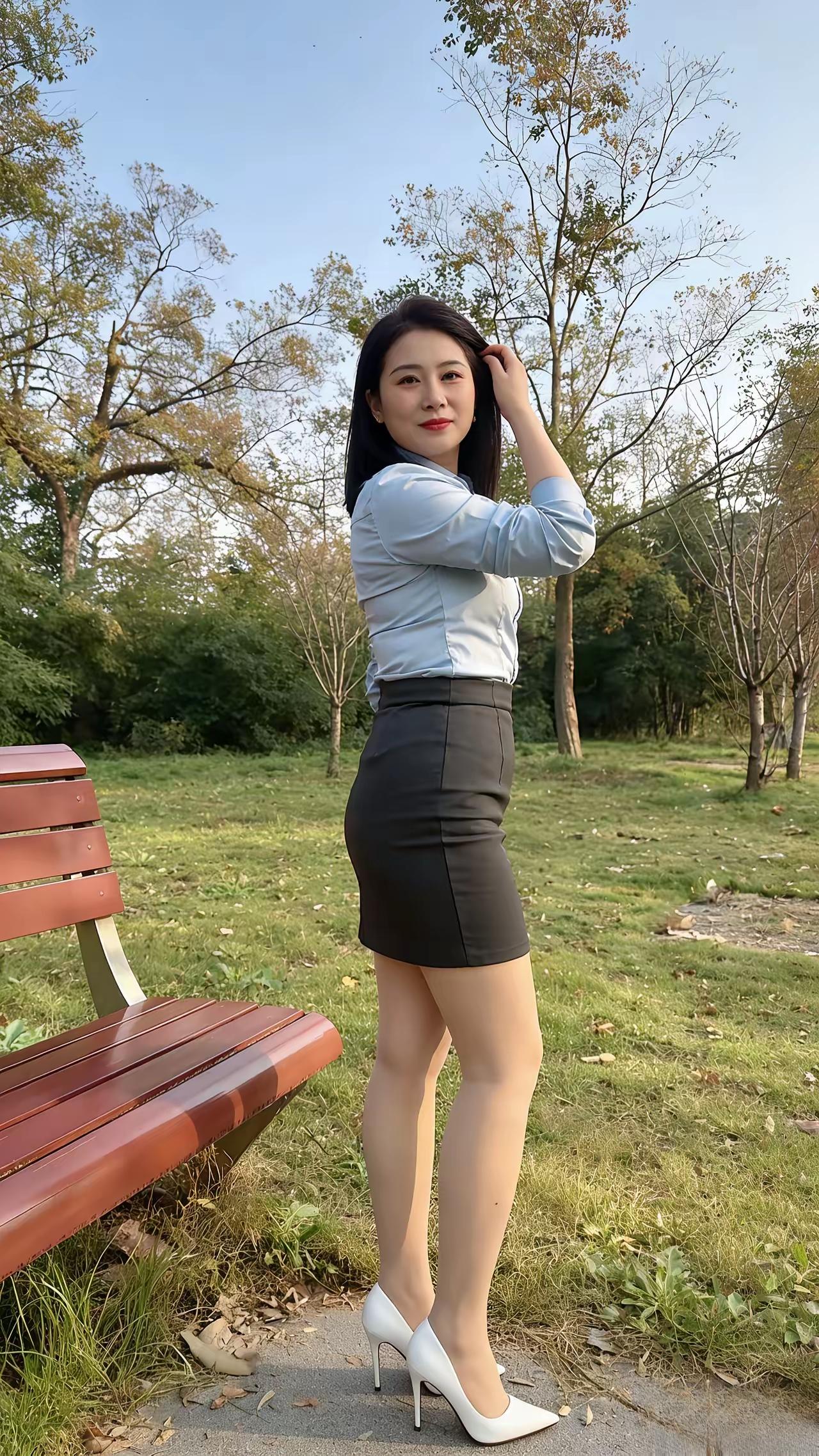 浅蓝色衬衫+浅灰色短裙+白色高跟鞋，再配上飘逸的长发，简直就是职场女神标配！
就