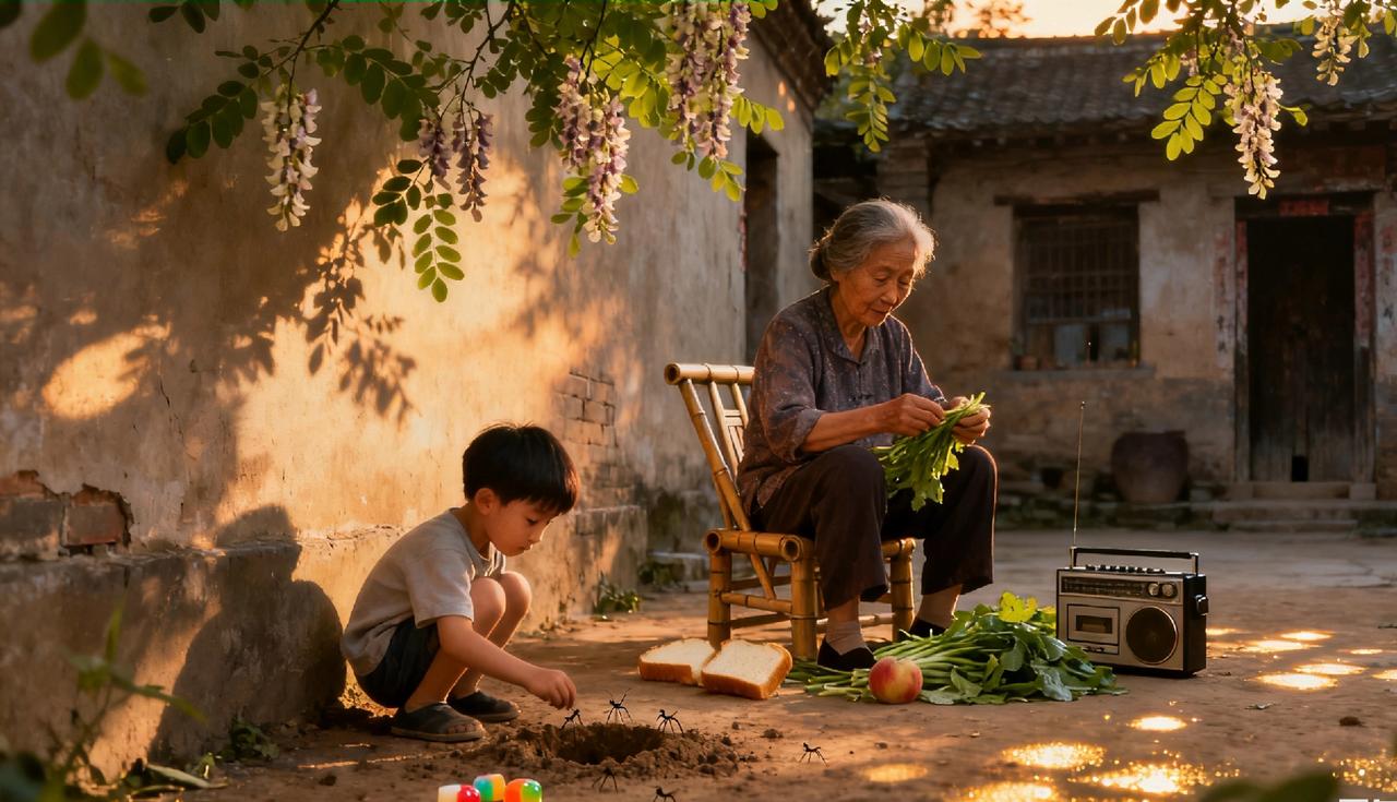童年回忆：傍晚的风把槐树叶吹得沙沙响，我蹲在老院的墙根下，看蚂蚁搬一块比它们身体