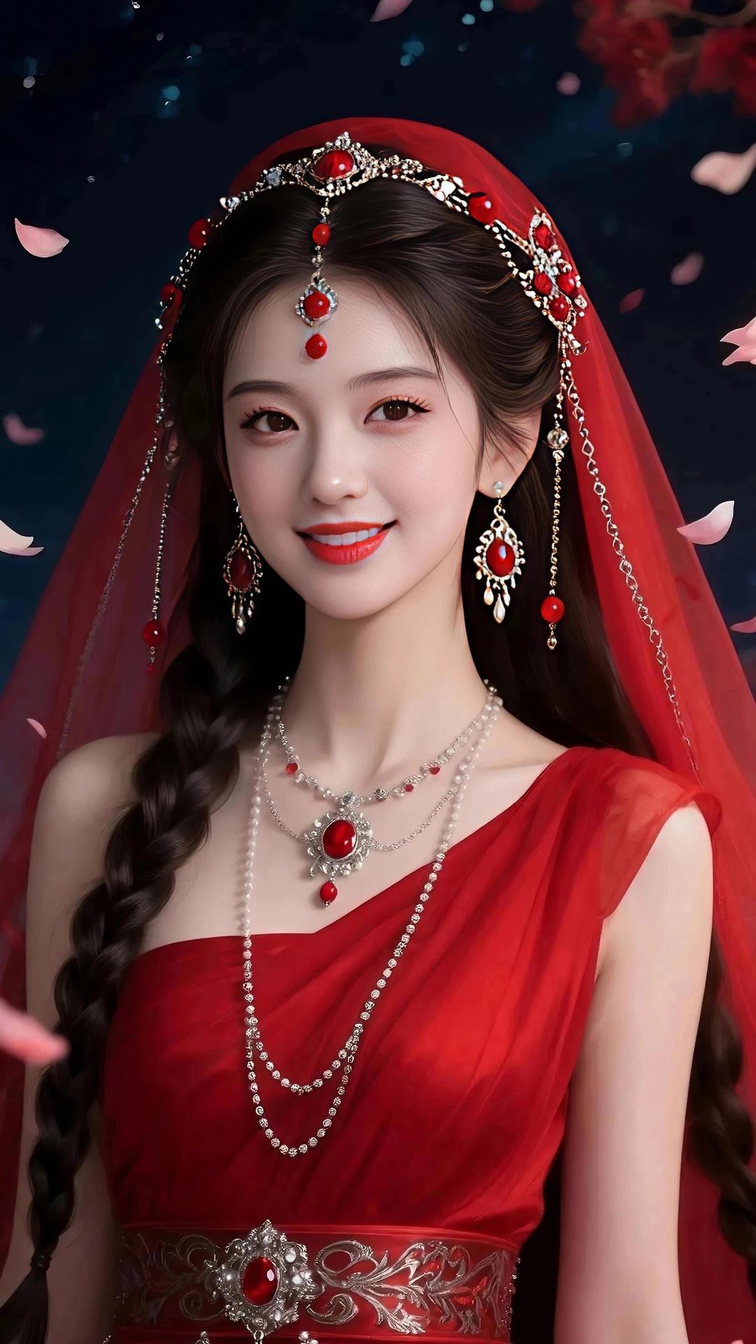 惊艳的红衣新娘，头戴华丽头饰，笑容甜美动人。