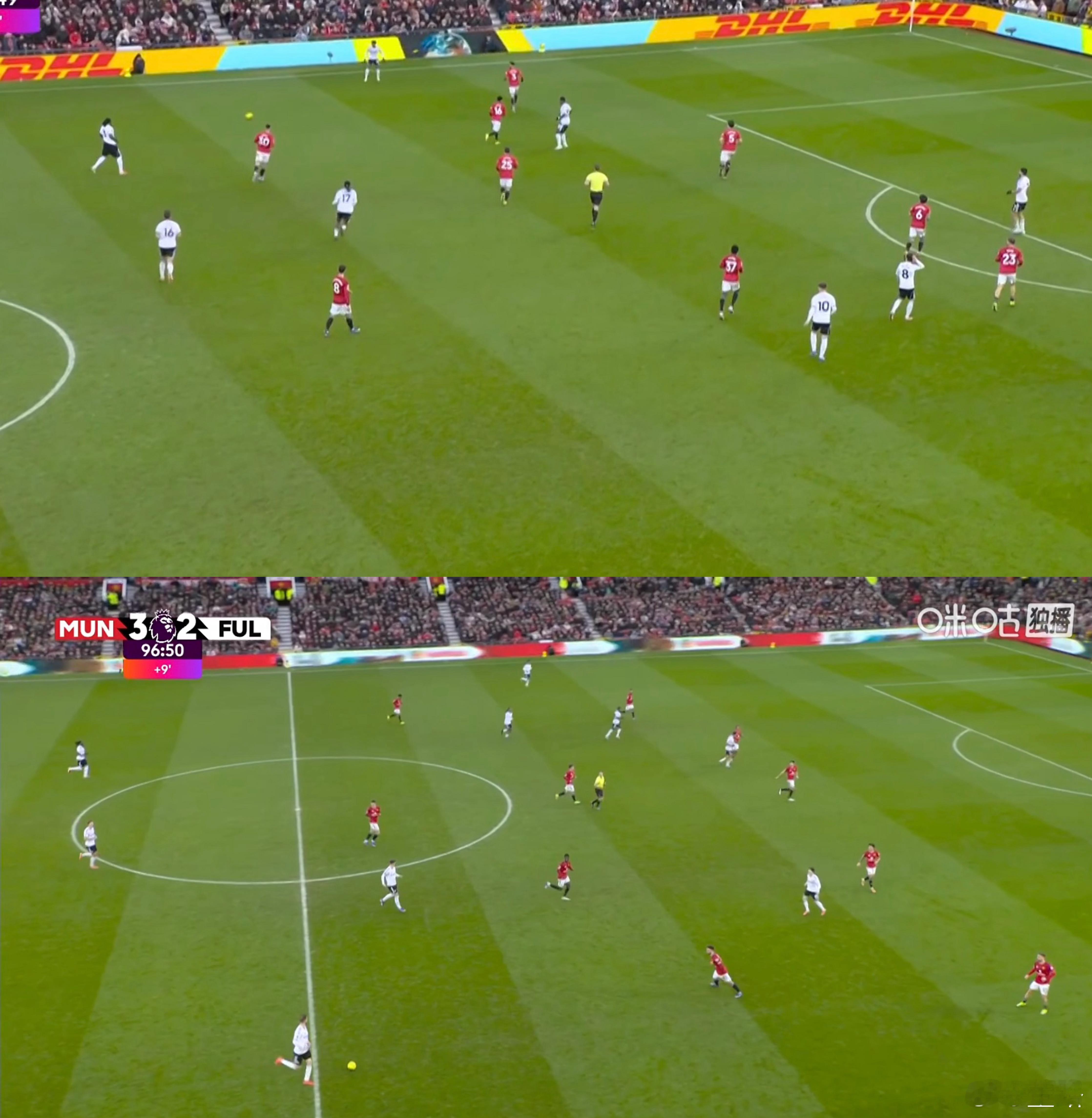 曼联3:2富勒姆。（上图）曼联2:0领先时的防守阵型，被富勒姆连板两球（下图）曼