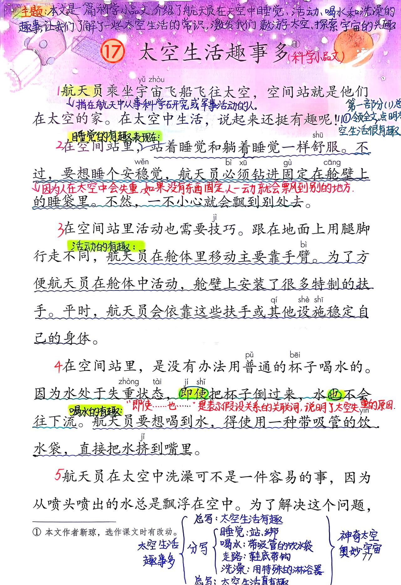 二年级语文下册，第六单元第17课《太空生活趣事多》课堂学习笔记，收藏复习～二年级