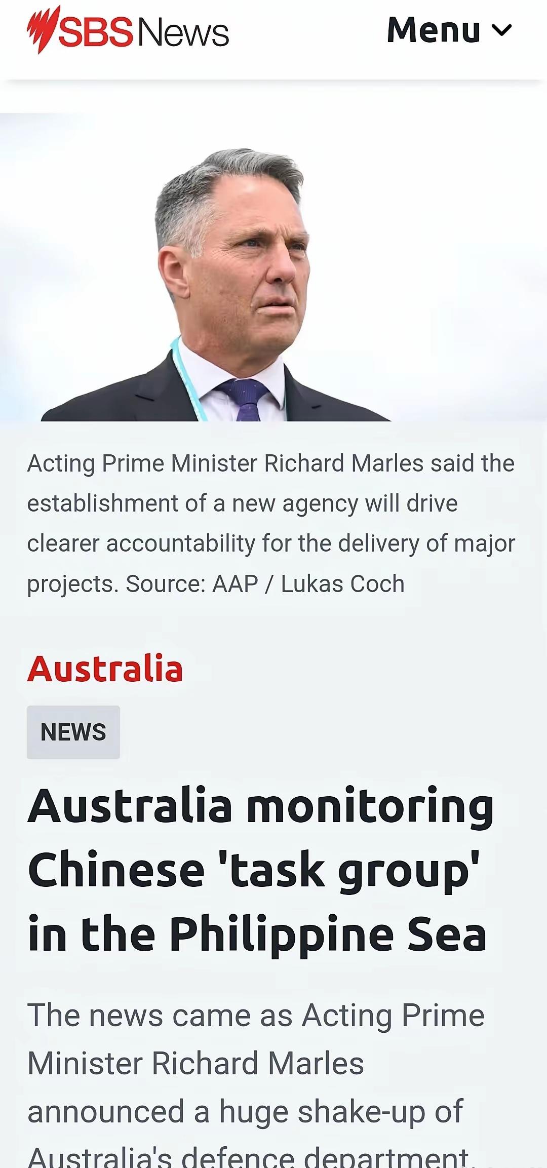 澳大利亚国防部表示不会透露中国在菲律宾海的这支舰队有多少军舰，但是表示已经注意到