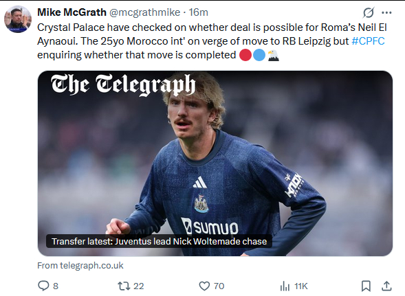 电讯报Mike McGrath：水晶宫正在尝试截胡艾纳维，虽然罗马与莱比锡达成了