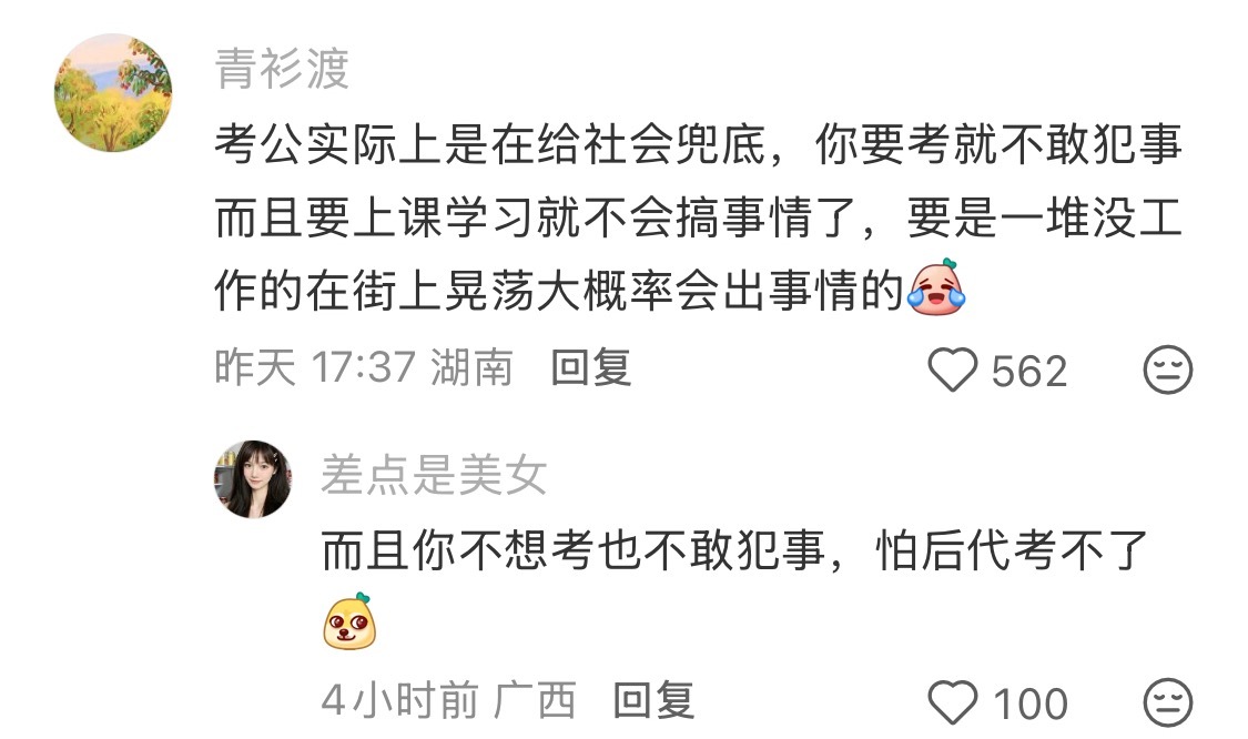 这个角度真是挺聪明的，所以其实现在整个大环境都是鼓励考公，上面也不会给泼冷水降温