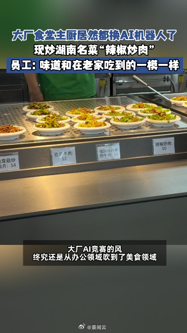 大厂员工回应炒菜机器人厨艺 杭州大厂食堂启用AI炒菜机器人，湖南员工试吃辣椒炒肉