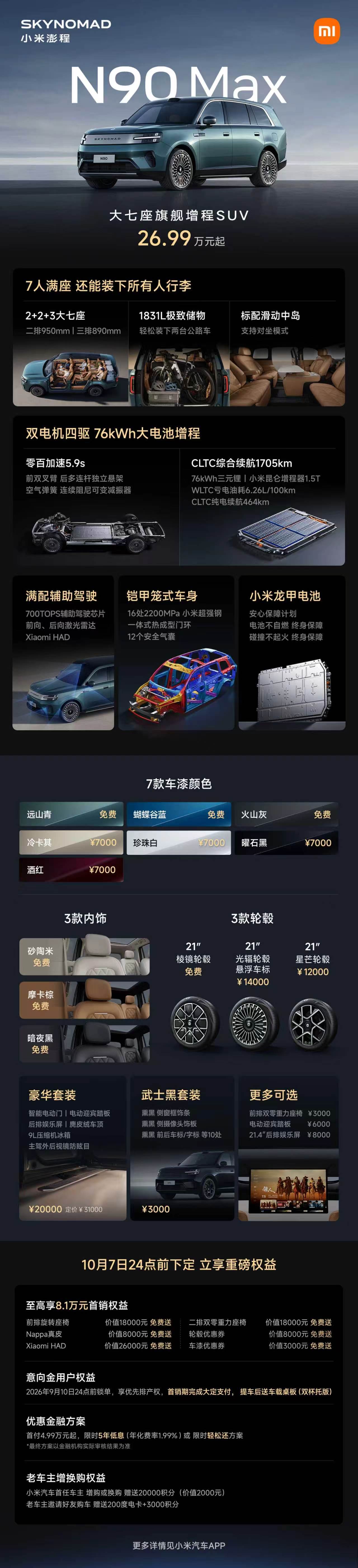 小米澎程N90 Max : 2+2+3 大七座旗舰增程SUV，双电机四驱，0-1