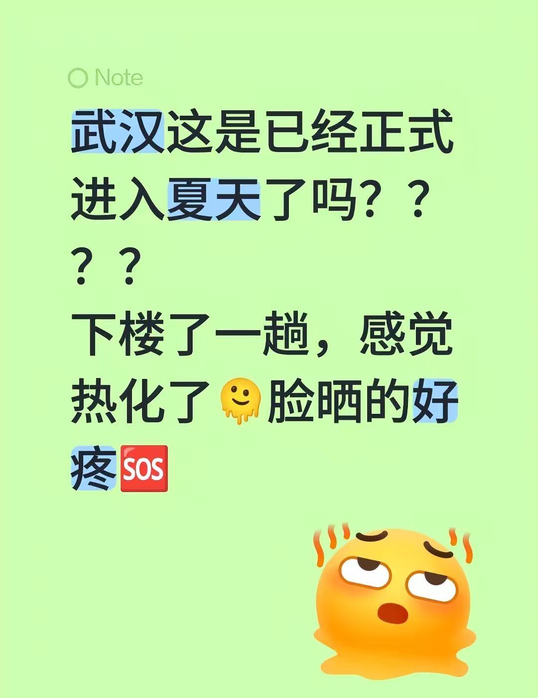 武汉这是已经正式进入夏天了吗？？？？下楼了一趟，感觉热化了🫠脸晒的好疼🆘武汉