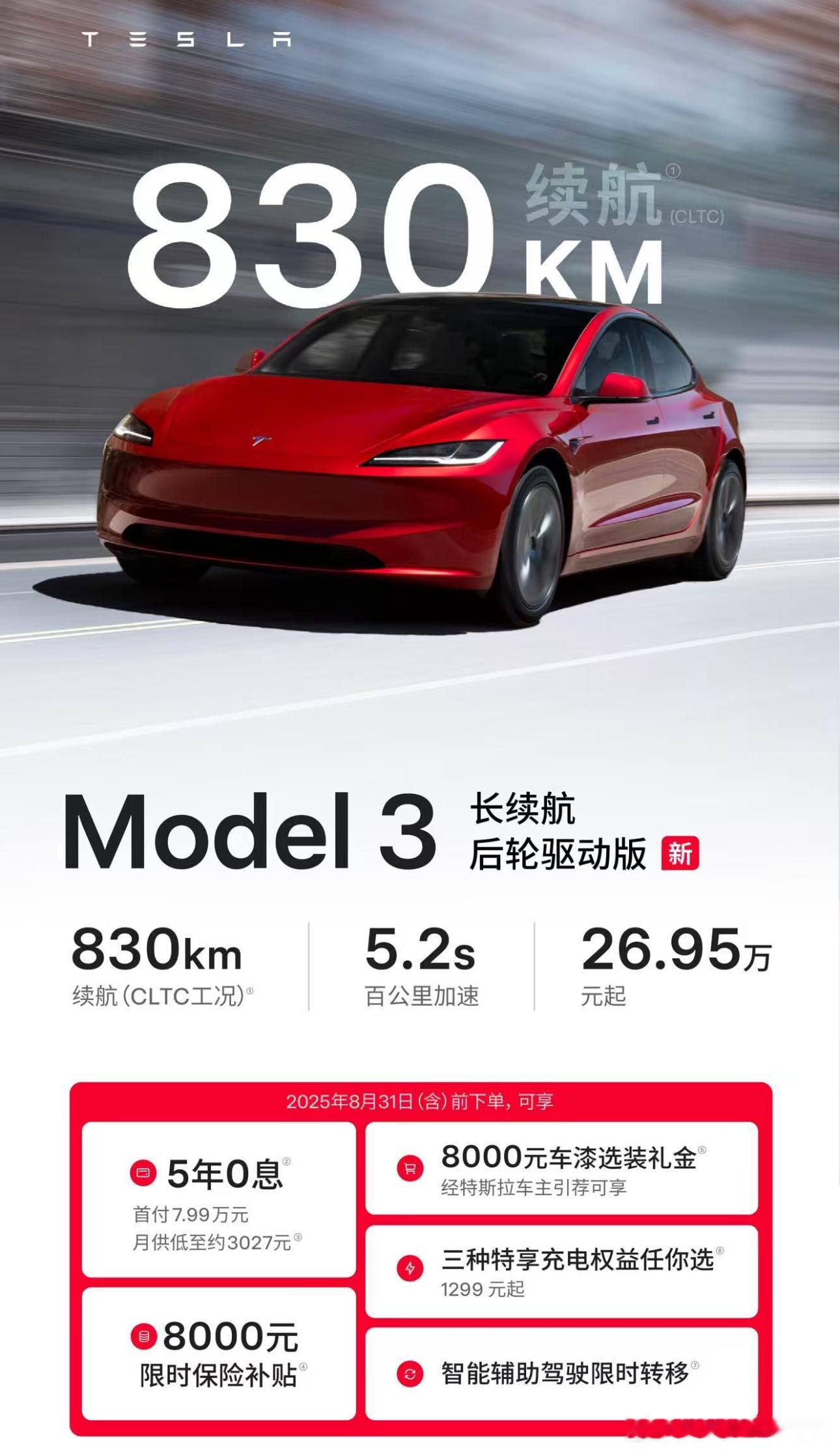 特斯拉上新了，搭载78.4千瓦时电池的Model3后驱长续航版，CLTC续航83