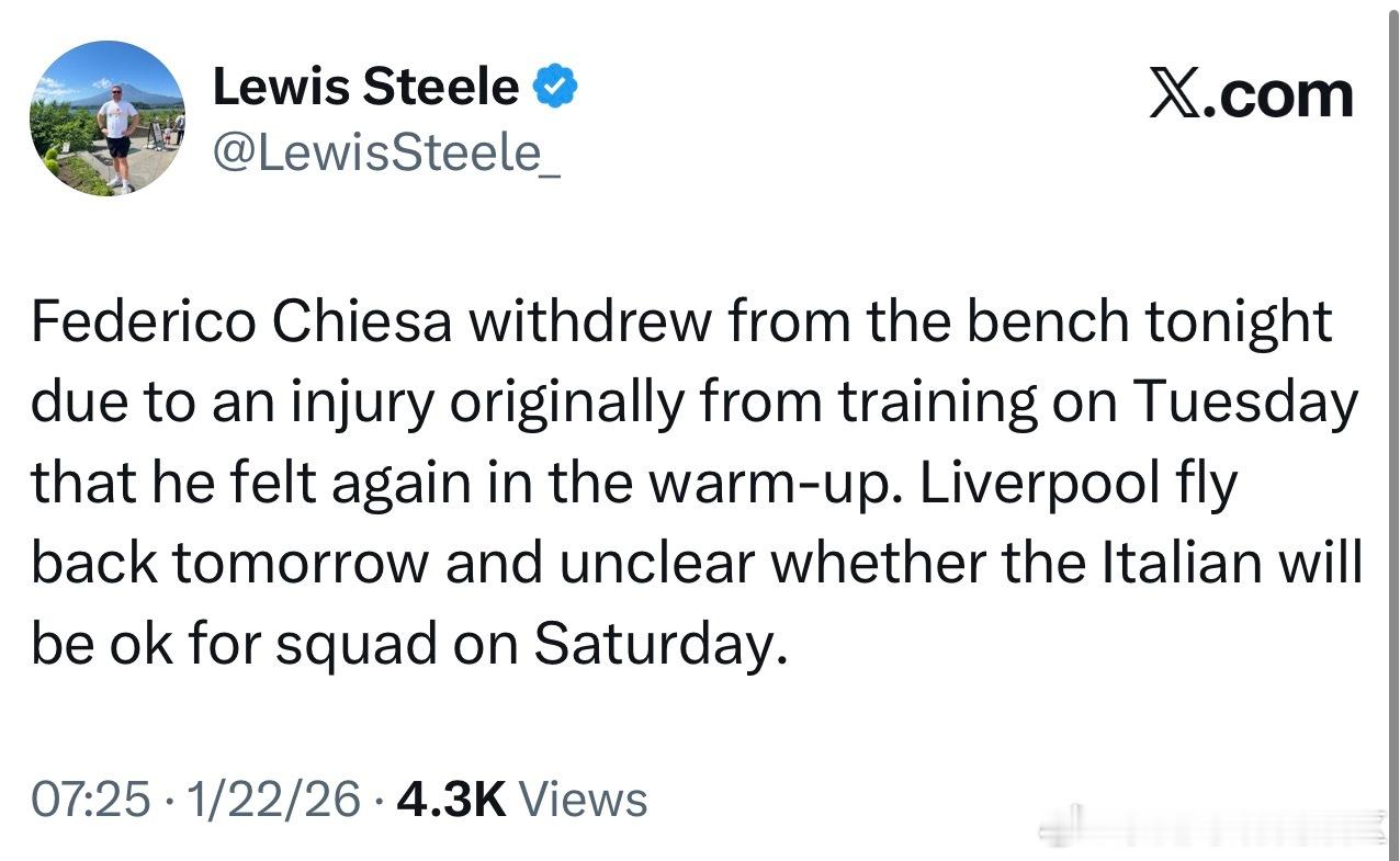 基耶萨今天赛前热身的时候感到身体不适所以没有出场，周二训练的时候受的伤。周六能否