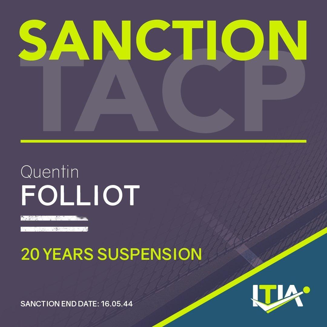ITIA禁赛法国选手Quentin Folliot(最高ATP排名488)整整2