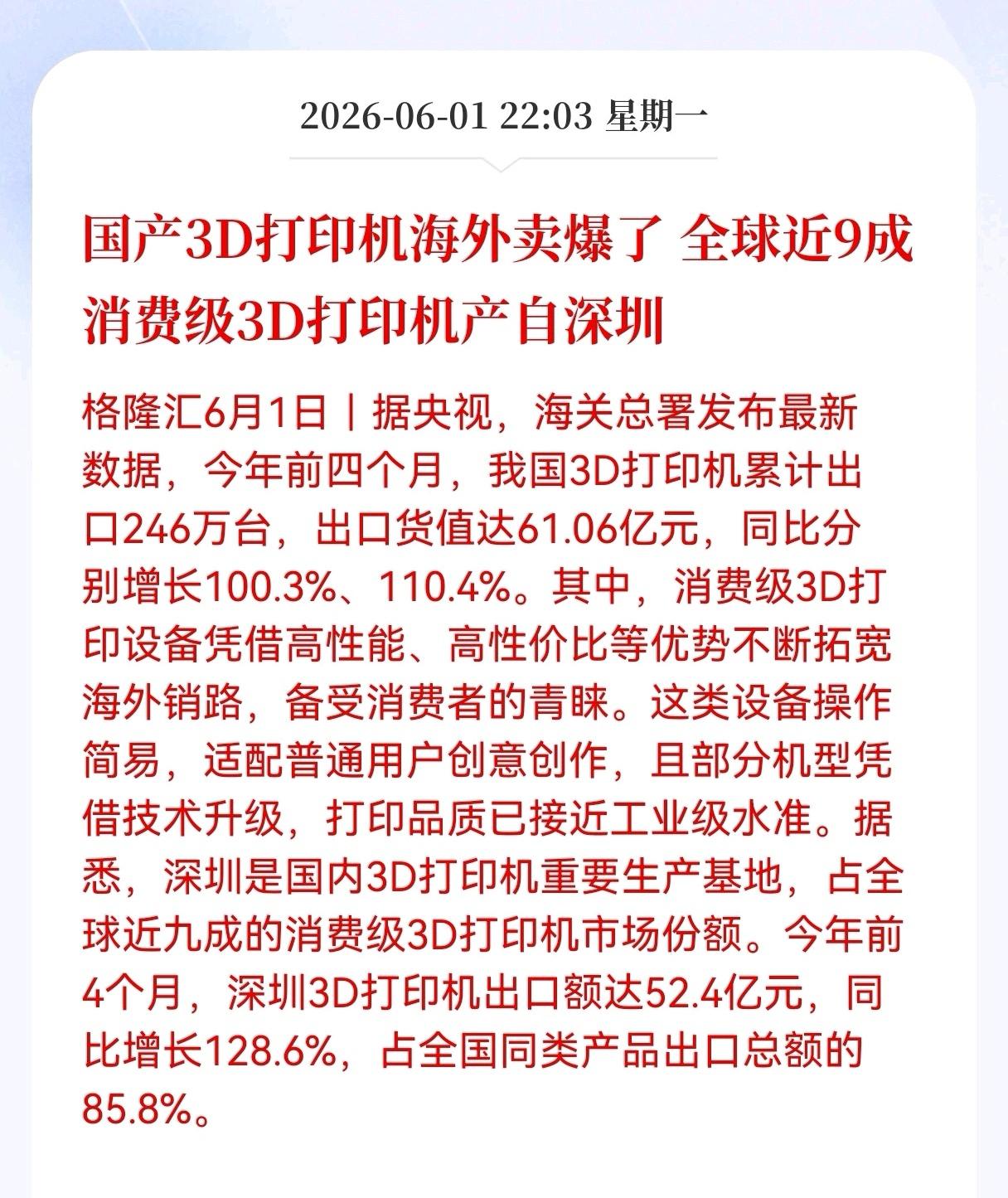 重磅消息！3D打印板块迎来重大利好消息！国产3D打印机海外卖爆了， 全球近9成消