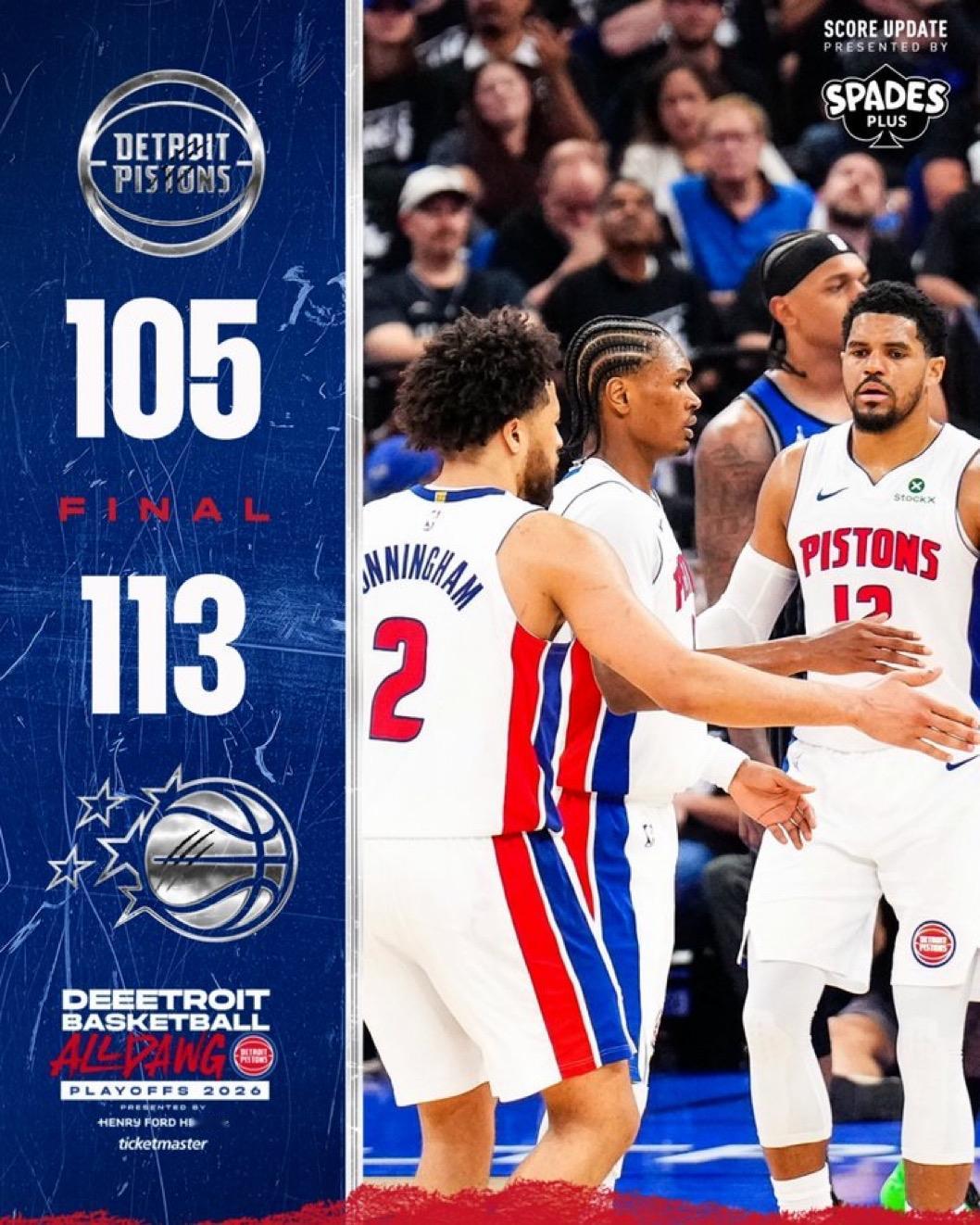 4月26日NBA季后赛战报（4场）：

活塞105-113魔术，总比分1-2
雷