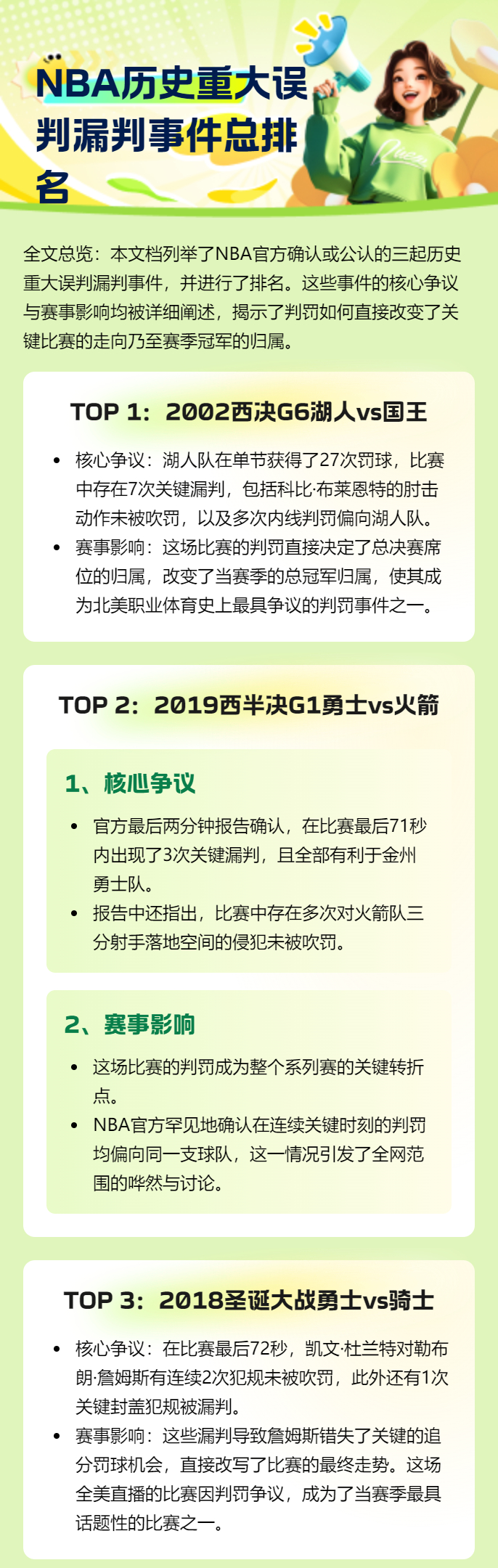 我做了一个NBA历史上重大误判漏判赛事汇总排名。排名第一的是02年西决 G6 湖