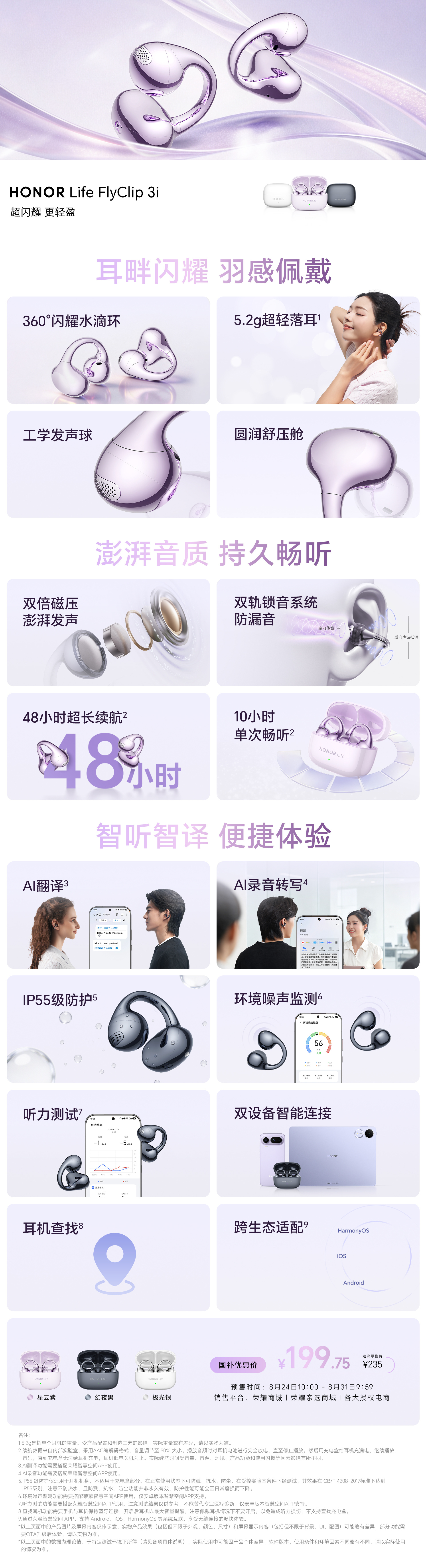 国补后199元的耳夹式耳机，荣耀这款新款不错啊。名字叫HONOR Life Fl