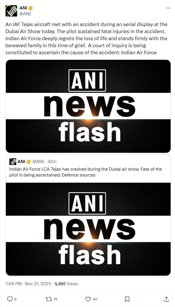 印媒援引印度空军的消息证实，坠毁的LCA飞行员死亡。➤在航展坠毁，这下不用派全球