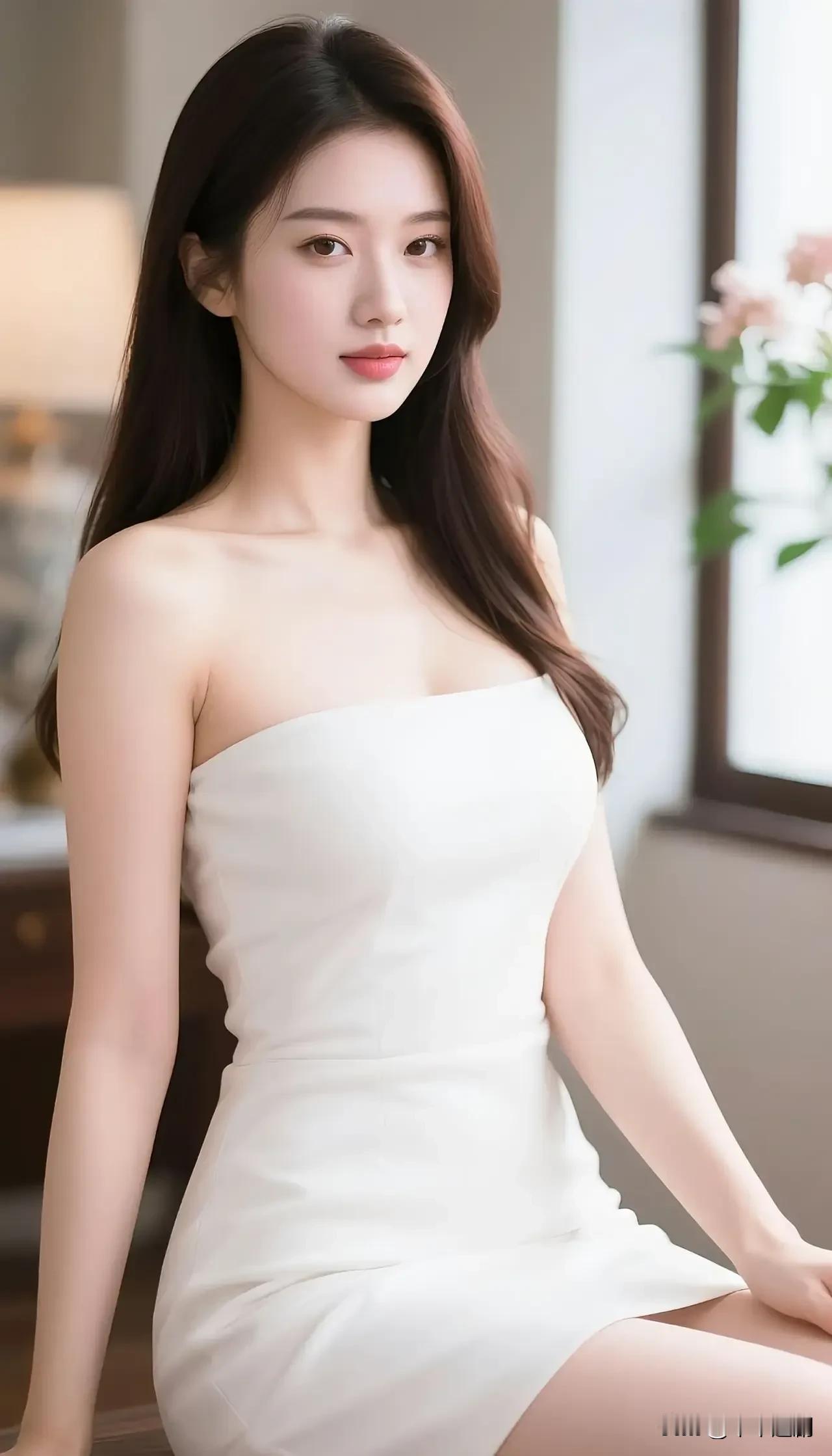 白抹胸裙勾勒优雅肩颈线，室内柔光里，温柔与精致都藏在眉眼间。
白色法式长裙 一字