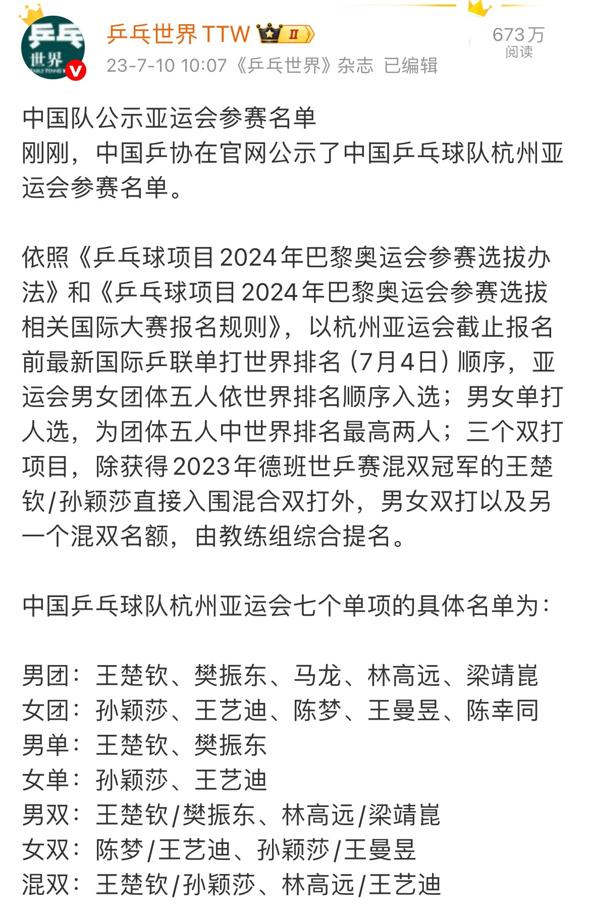 和一个人展望一些未来～ 王楚钦孙颖莎出战亚运会混双
