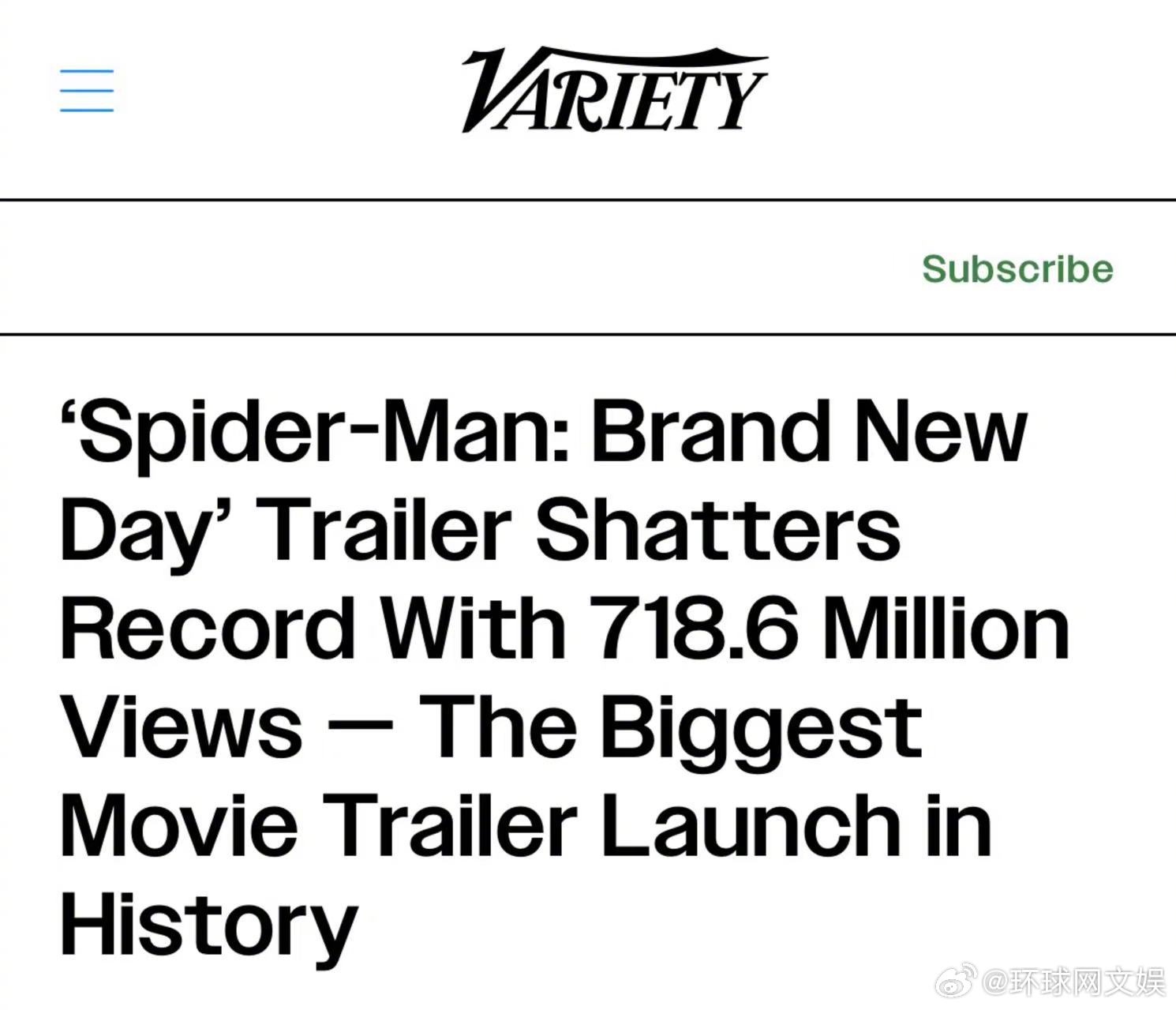 【#蜘蛛侠4预告片播放量破纪录# 】据外媒Variety报道，电影《蜘蛛侠：崭新