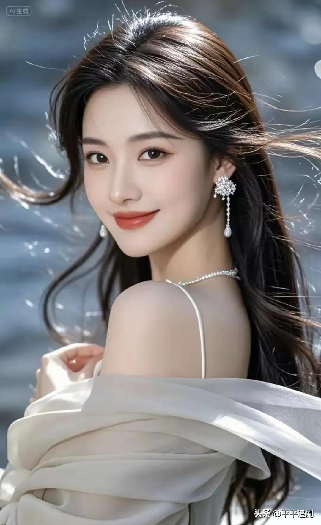 波光漫过肩畔，晚风撩动发丝，
白纱轻裹，珠钻缀着温柔笑意。
一回首，便将岁月酿成