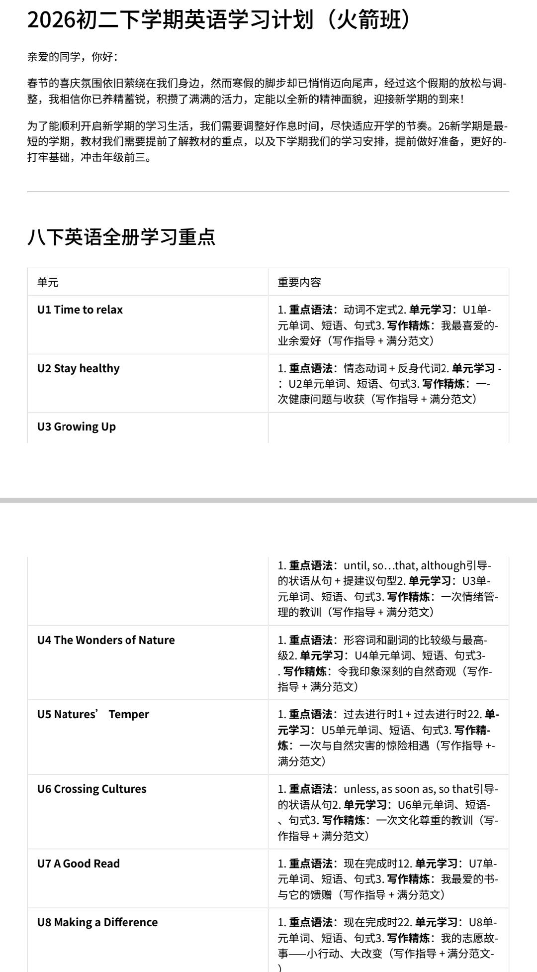 八下英语别瞎背！这份火箭班计划，单词+语法+作文全搞定，稳冲年级前三
初二英语 