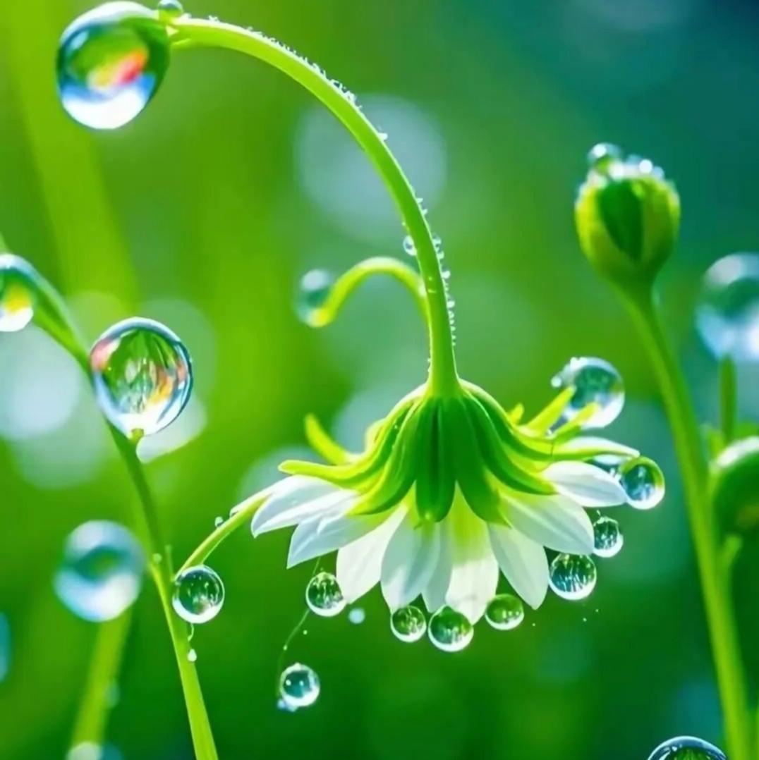 赏花观景：露珠花景
看图写话：
露珠晶莹花间落，
鹤舞雲间紫气升。
翠叶轻摇添秀