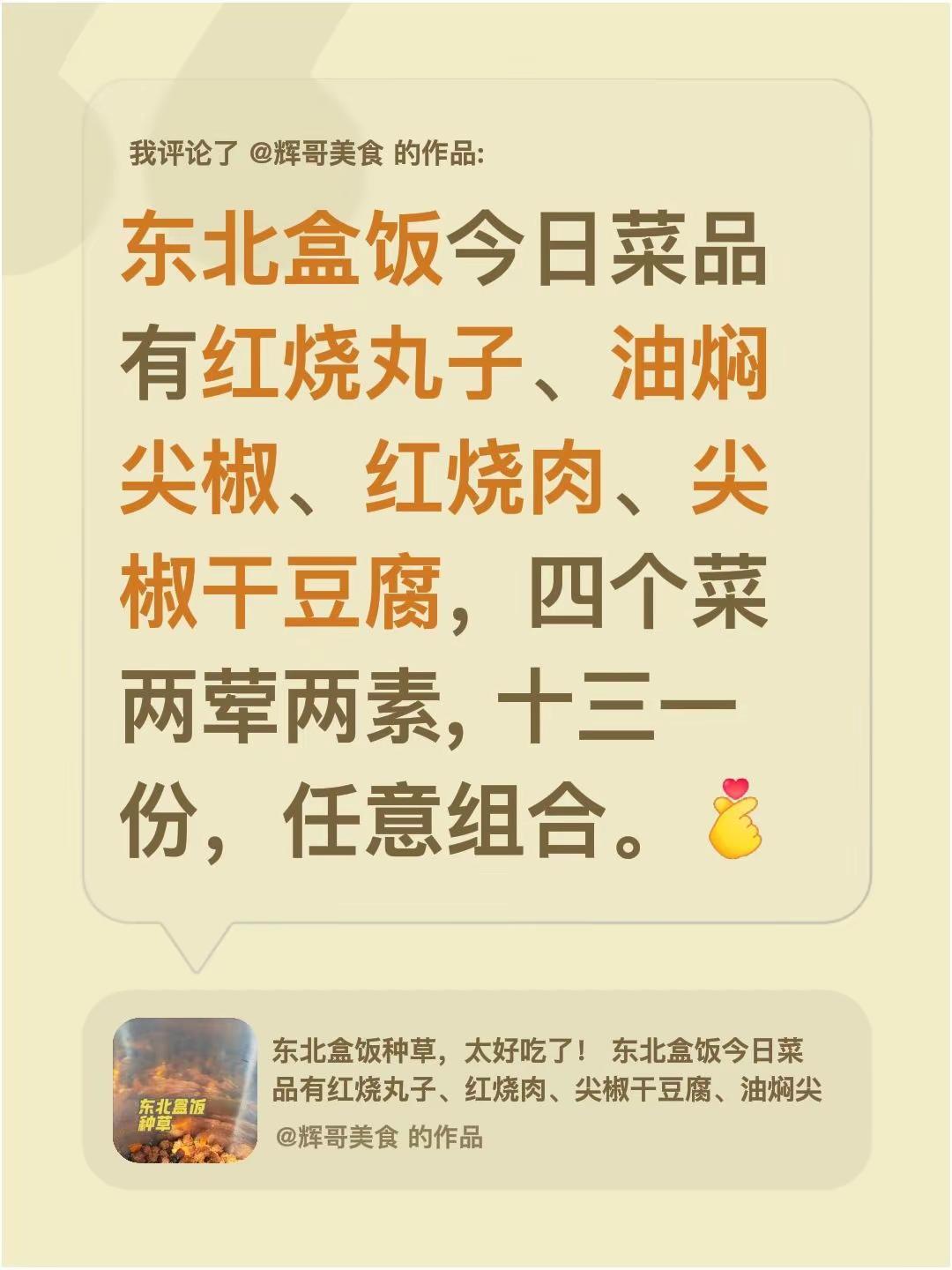我评论了@辉哥美食 的作品：东北盒饭今日菜品有红烧丸子、油焖尖椒、红烧肉、尖椒干