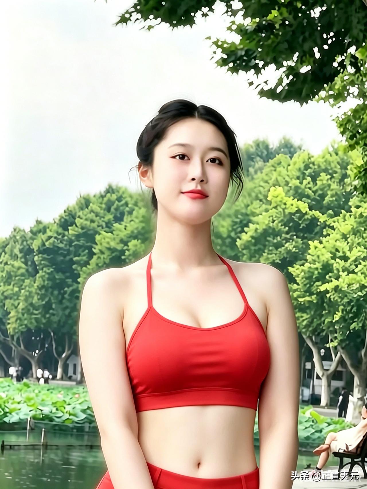 一身纯粹的中国红，衬得姑娘肌肤温润白皙，眉眼温婉恬静。
漫步满是绿荫荷塘的湖边，