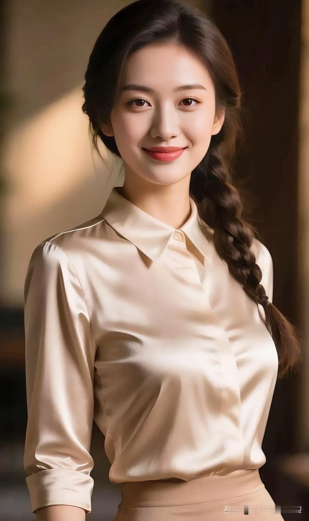 香槟色缎面衬衫搭配柔美麻花辫，光影流转间，温婉知性与优雅并存。