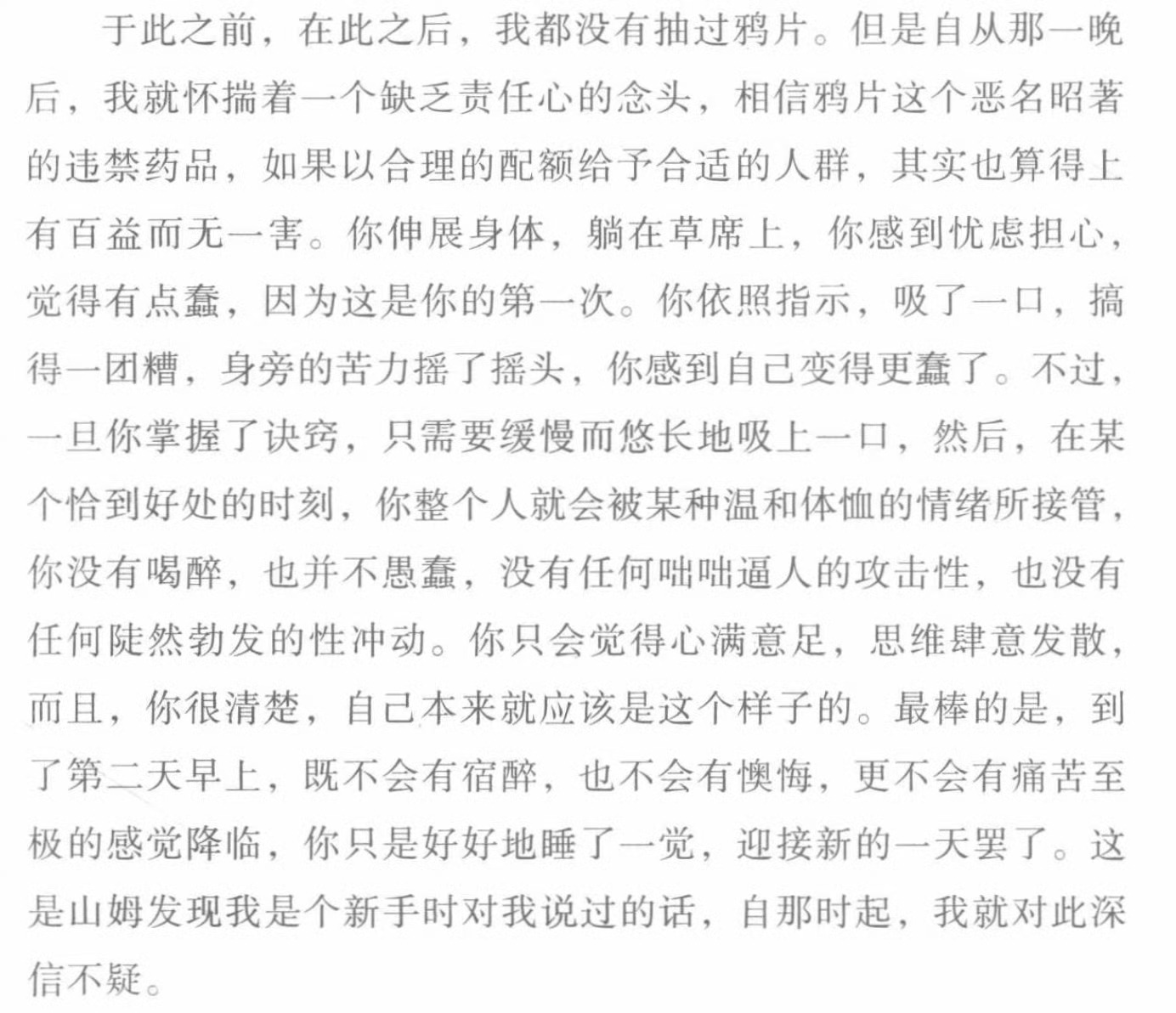 吸鸦片的感觉。来自约翰·勒卡雷（John le Carré）《鸽子隧道》第十二章