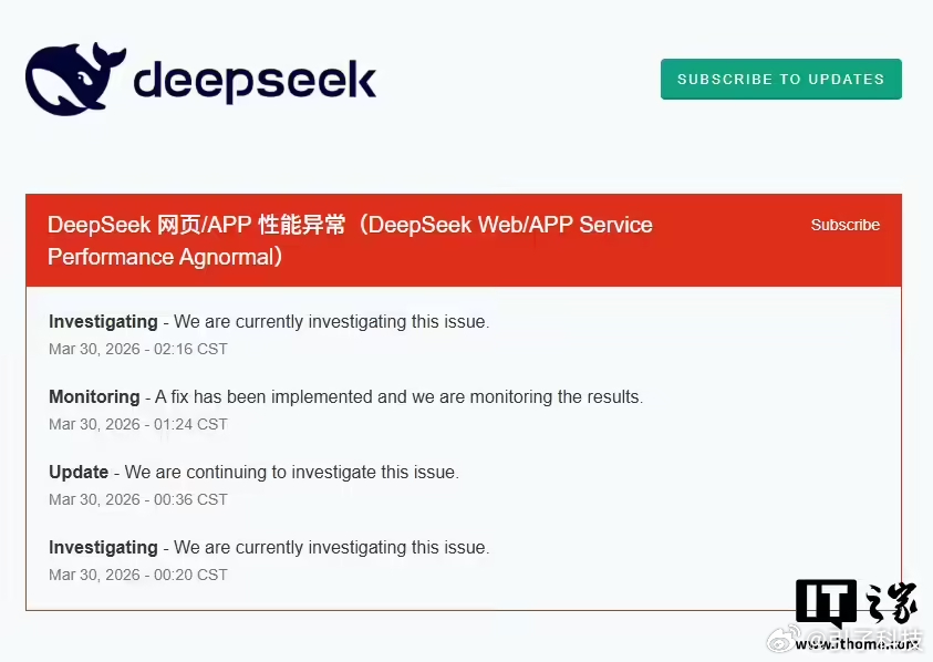 【DeepSeek公告服务重大中断，网页与App均受影响】3月30日，DeepS