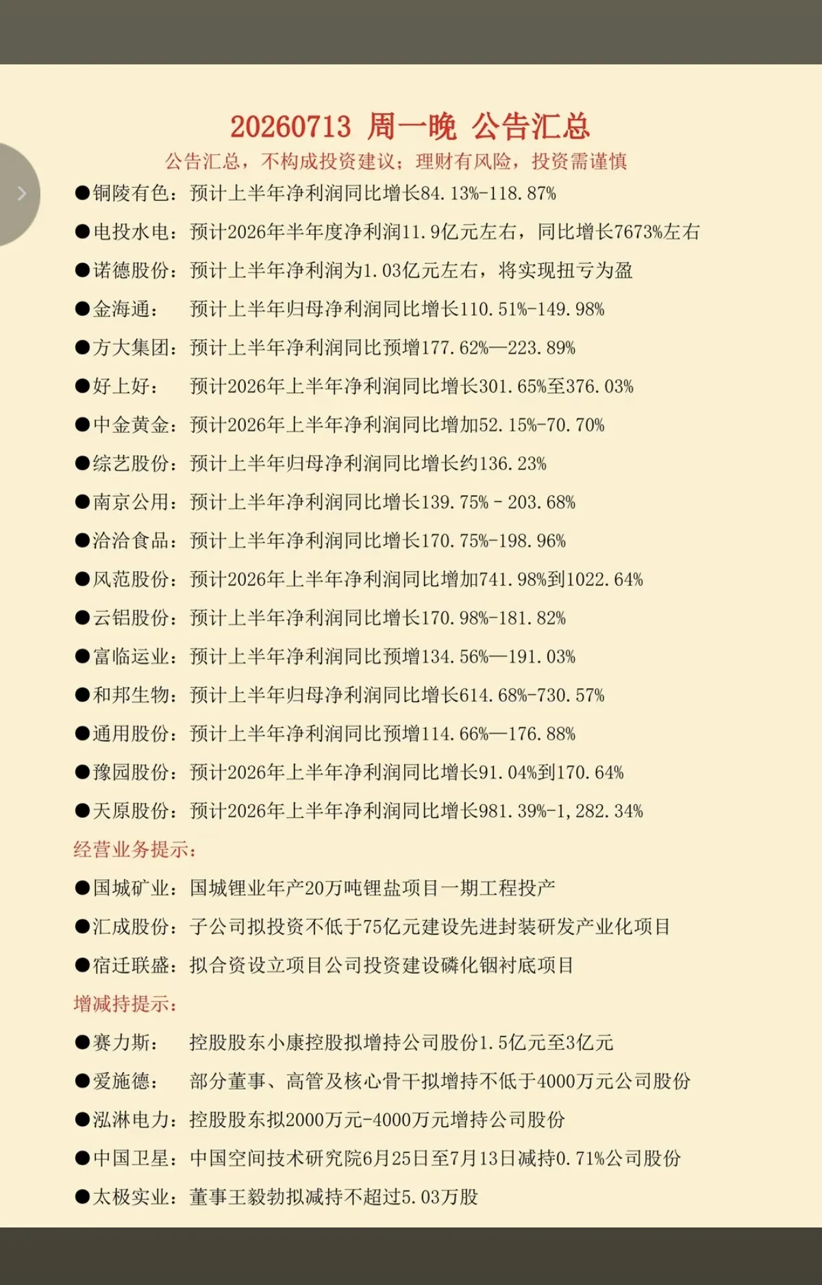 7.13周一晚间  新增：半年报业绩预告！95家公司披露半年报业绩预告！86家公
